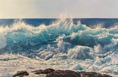 'Mighty Surf' Blue Powerful Realist Wave Seascape painting with rocks & horizon.