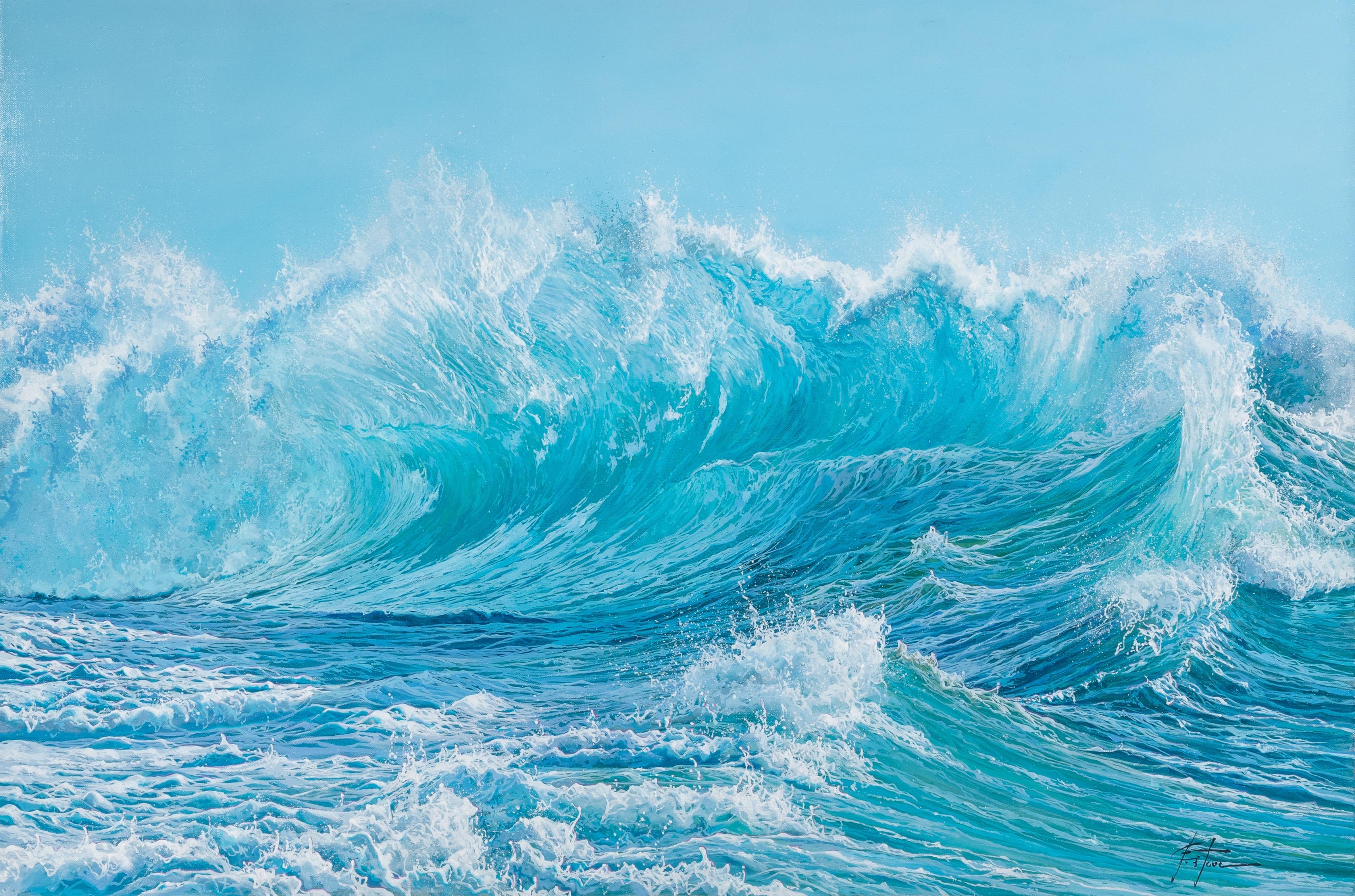 'Roaring seas' Contemporary powerful blue seascape painting of a crashing wave - Painting by Marc Esteve