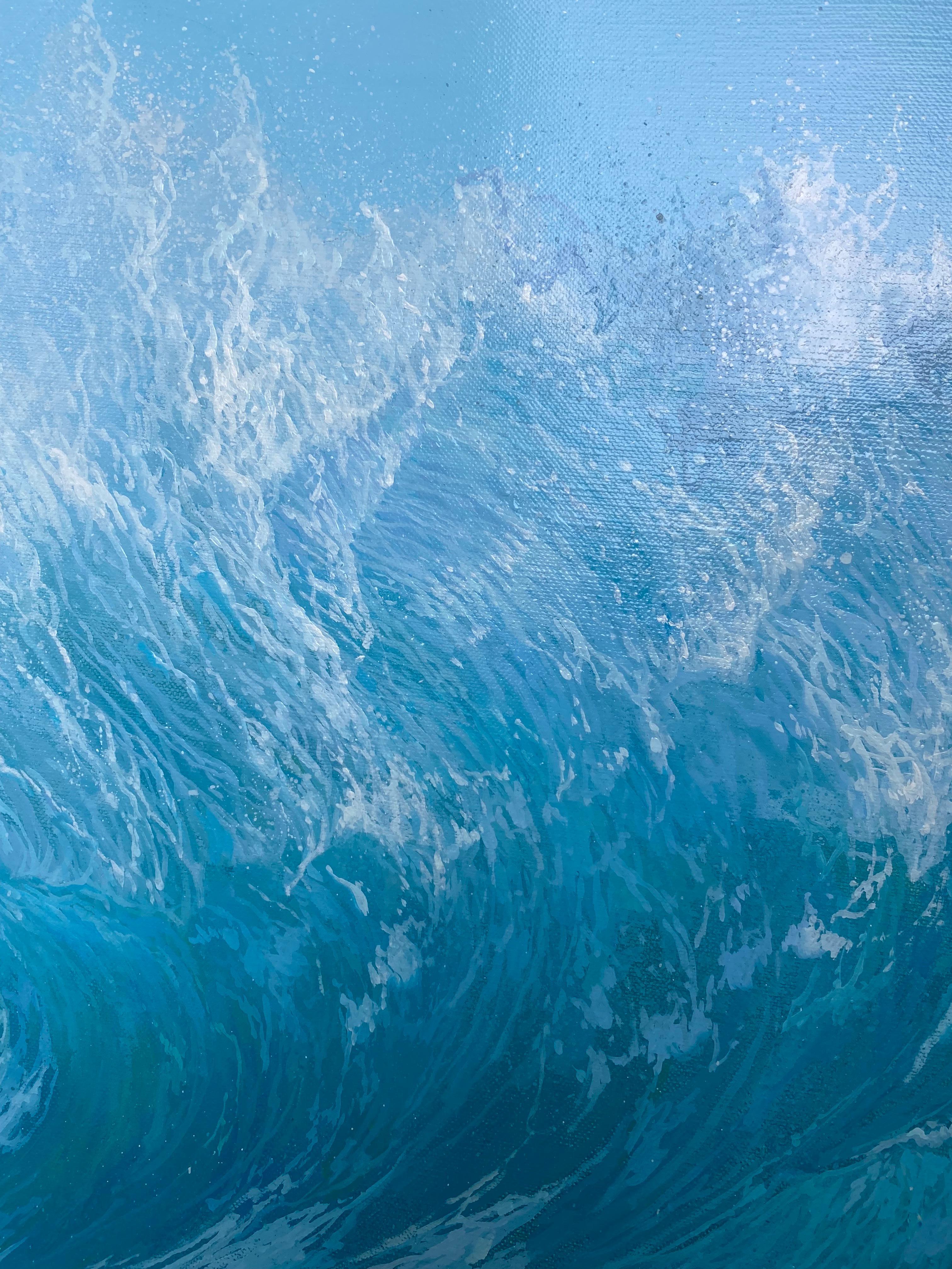 'Roaring seas' Contemporary powerful blue seascape painting of a crashing wave - Gray Landscape Painting by Marc Esteve