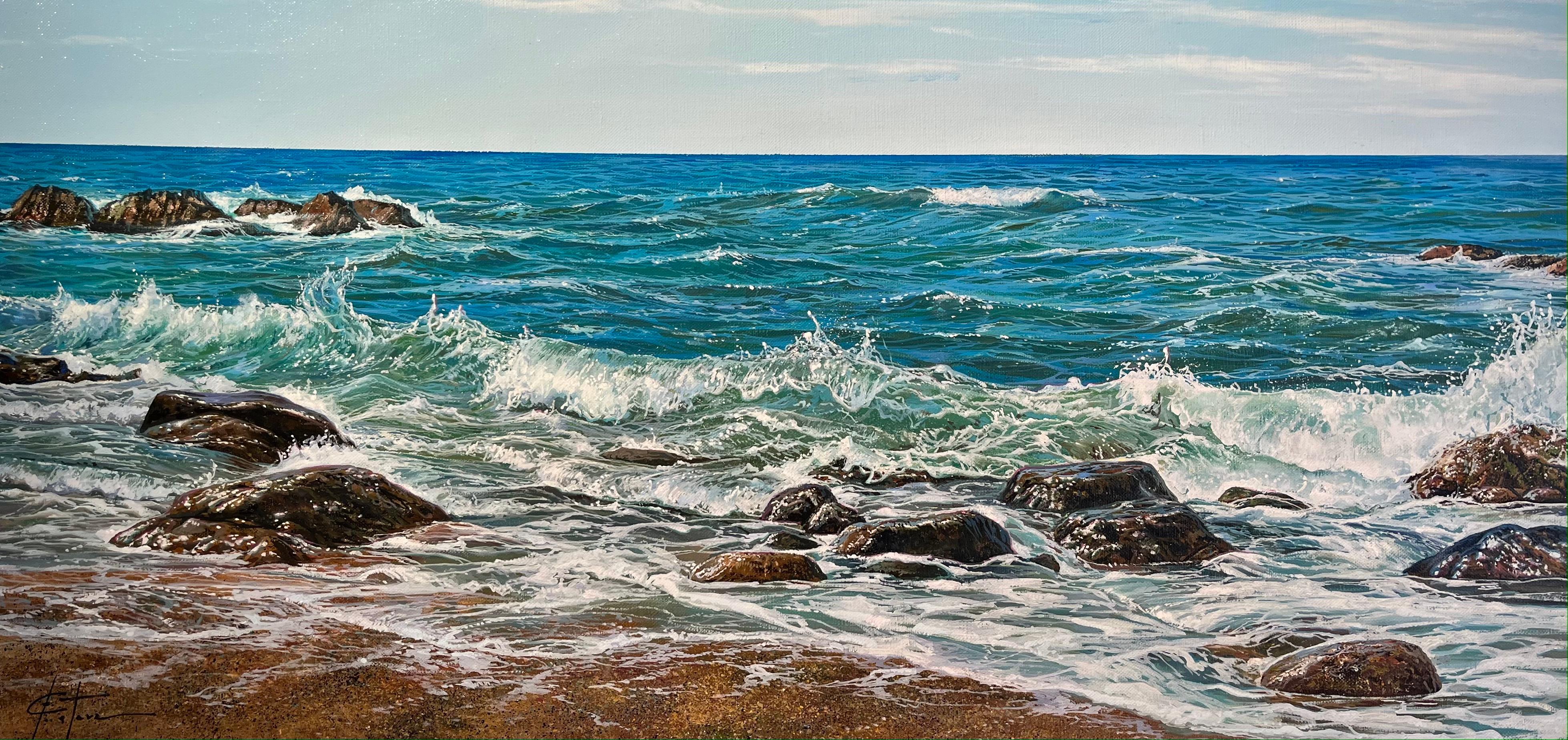 'Shallow Waters' Contemporary Blue Photorealist painting of the sea, sand, rocks - Painting by Marc Esteve