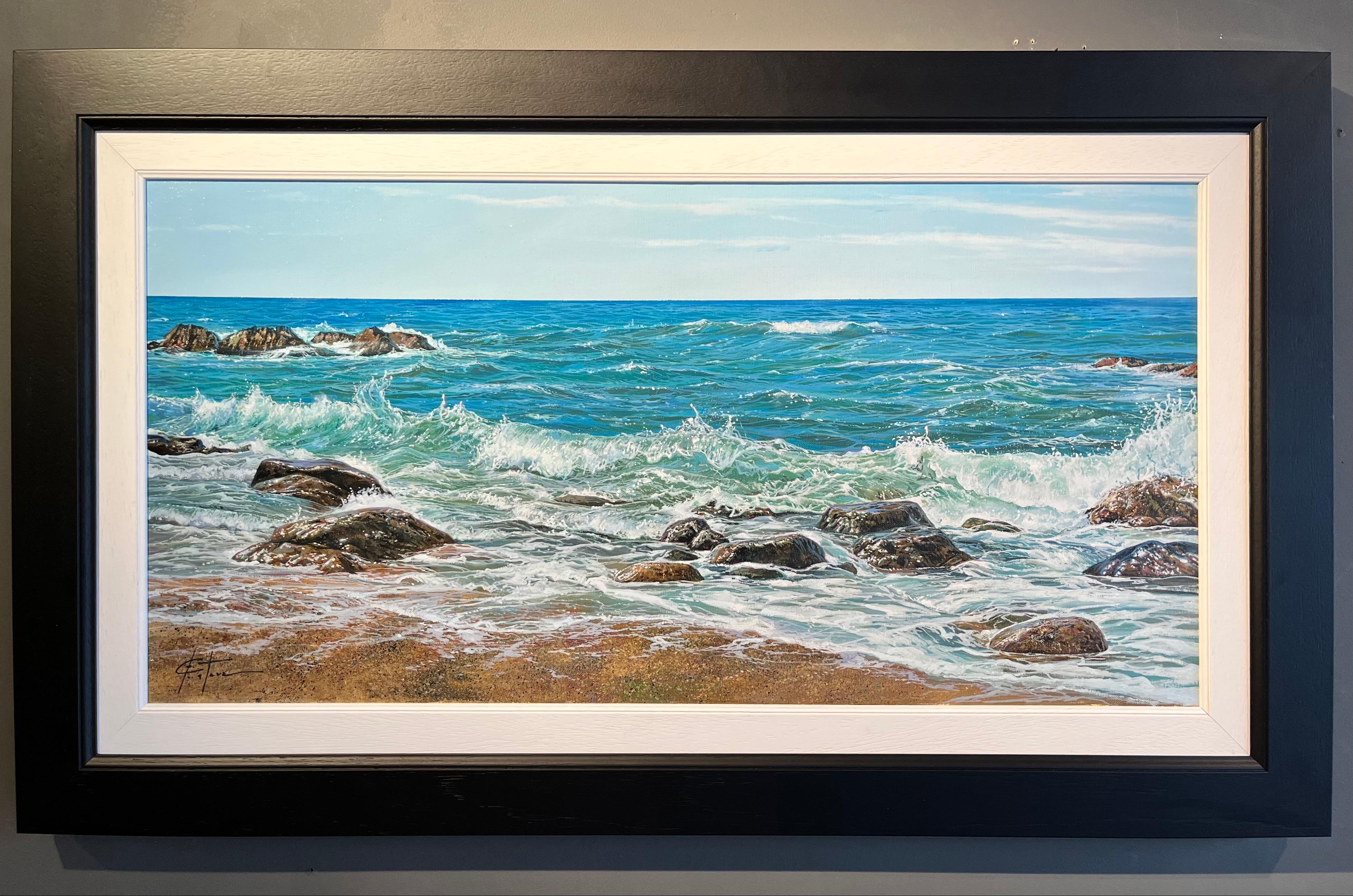 Marc Esteve Landscape Painting - 'Shallow Waters' Contemporary Blue Photorealist painting of the sea, sand, rocks