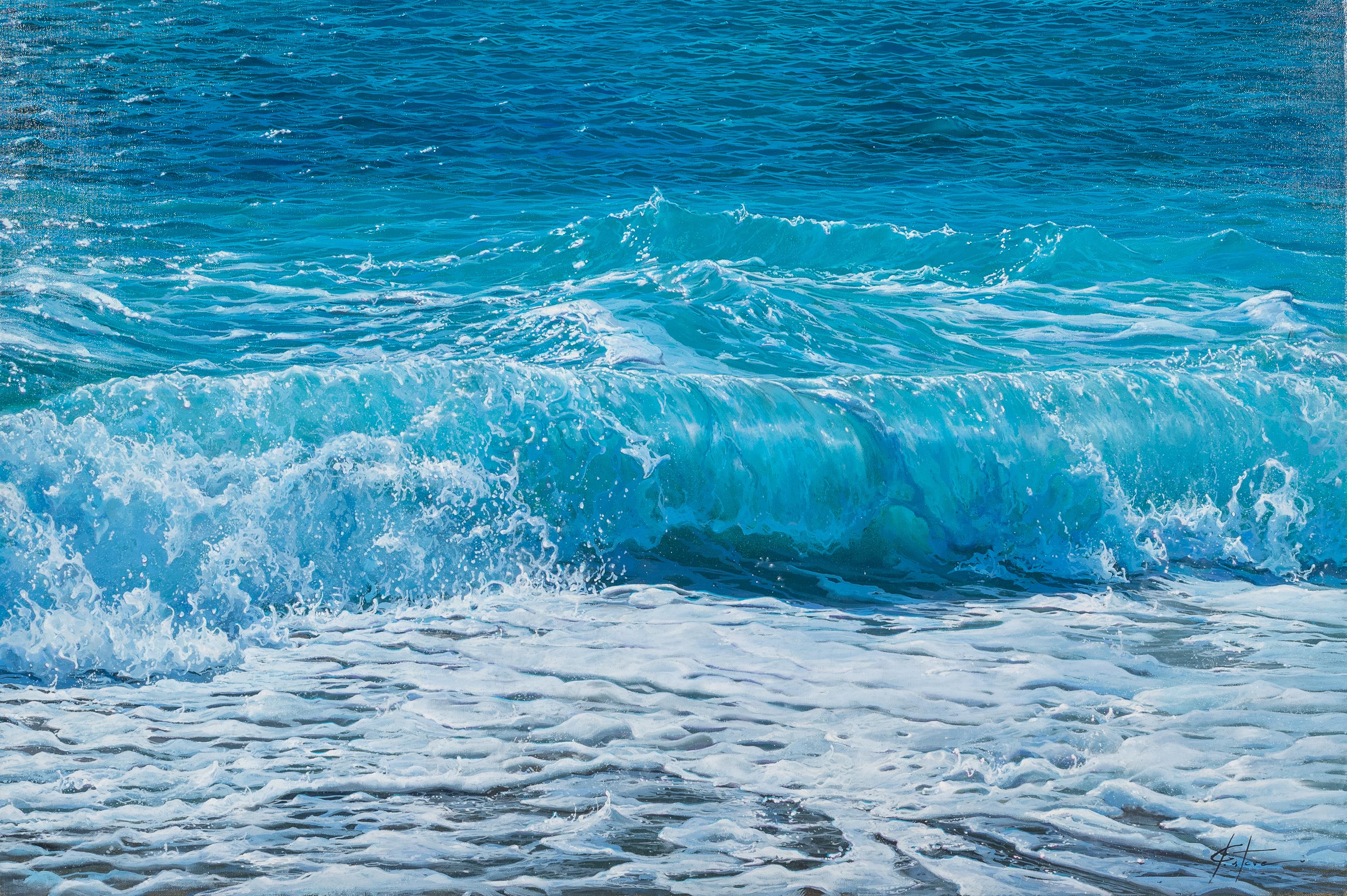 Peinture photoréaliste « Parkling Crest » d'une vague bleue et turquoise, mousse de mer   - Painting de Marc Esteve