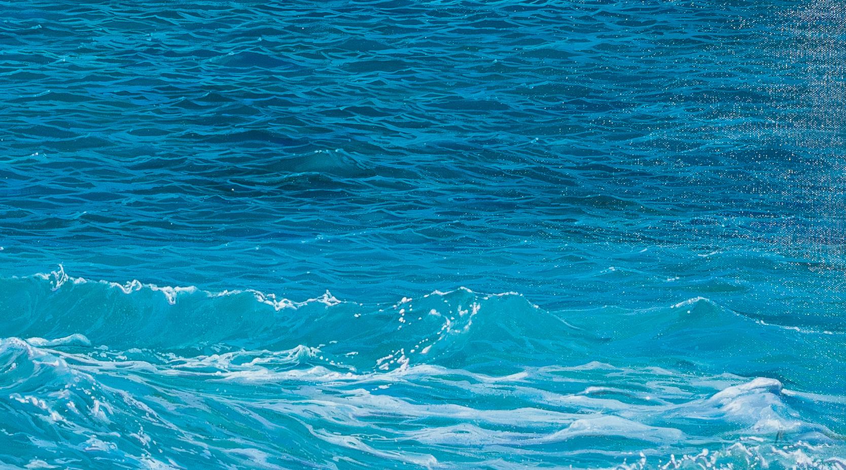 'Sparkling Crest' Photorealist painting of a blue, turquoise wave, sea foam   - Blue Landscape Painting by Marc Esteve