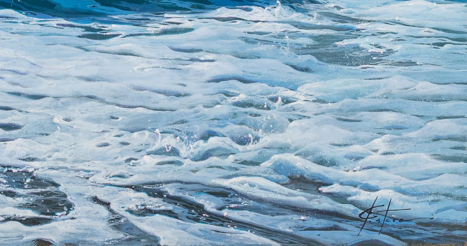 'Sparkling Crest' Photorealist painting of a blue, turquoise wave, sea foam   For Sale 1