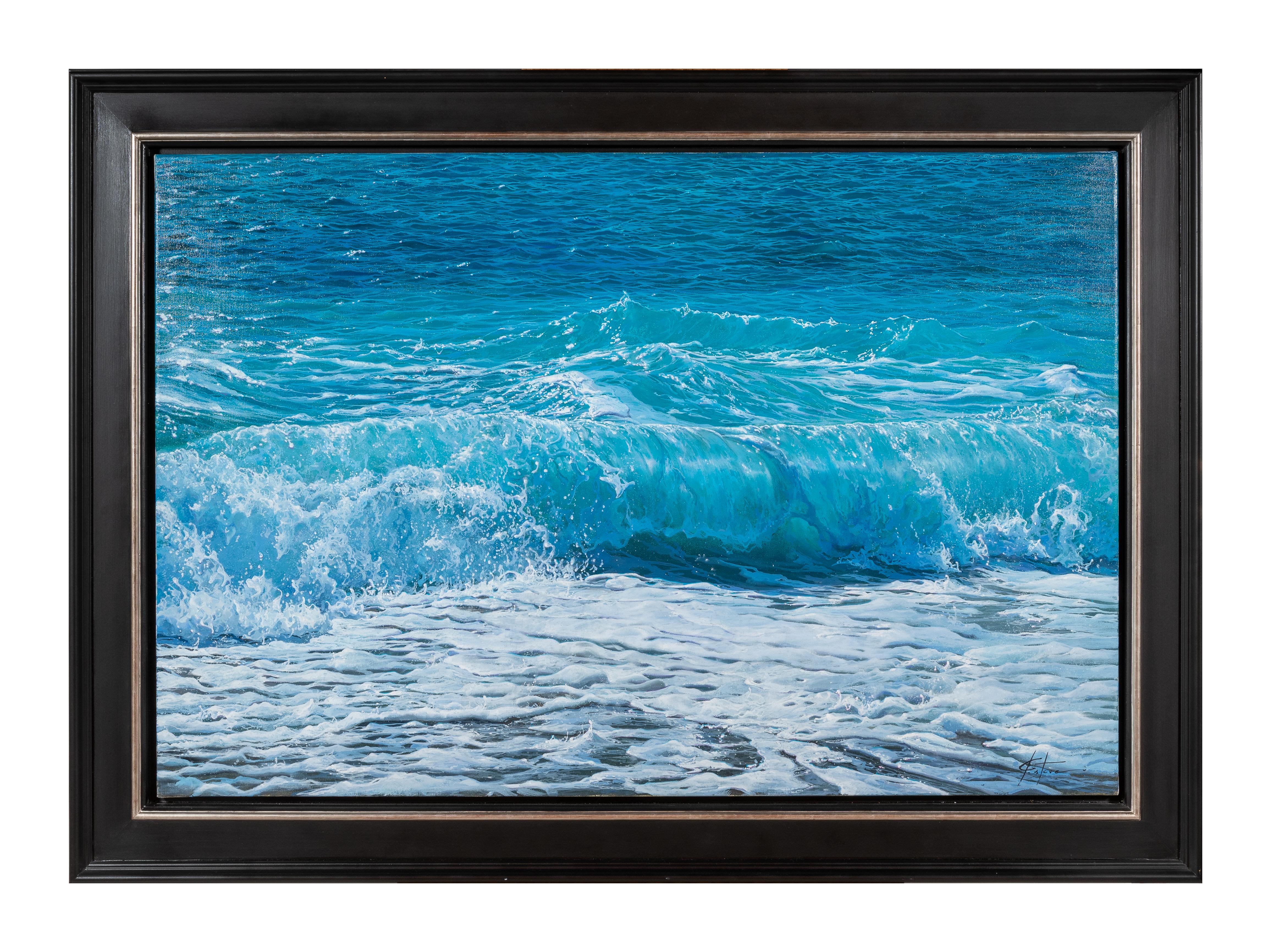 Landscape Painting Marc Esteve - Peinture photoréaliste « Parkling Crest » d'une vague bleue et turquoise, mousse de mer  