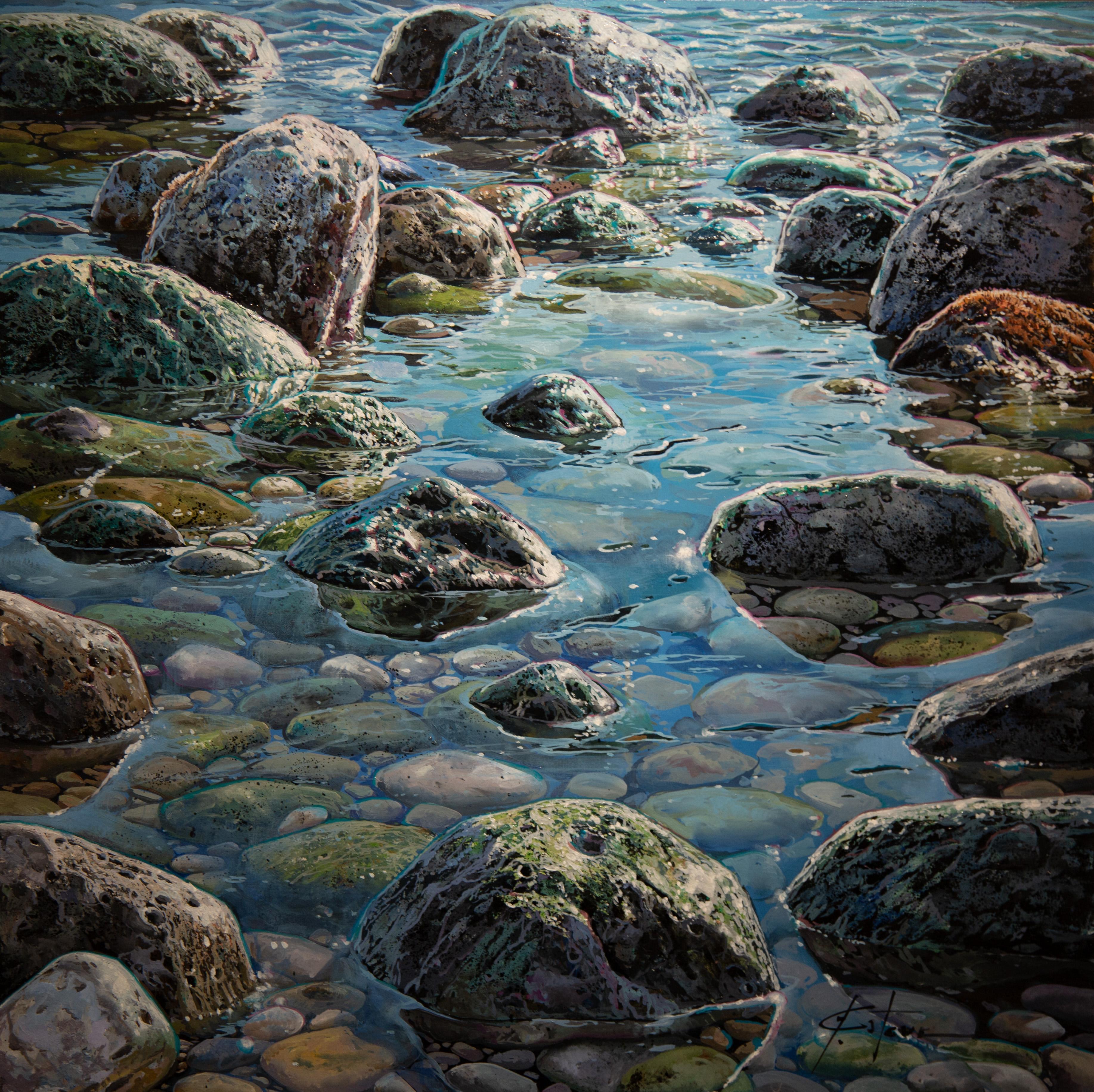 'The Waters Surface' Photorealist painting of sunlight on rocks, water and sea.  - Painting by Marc Esteve