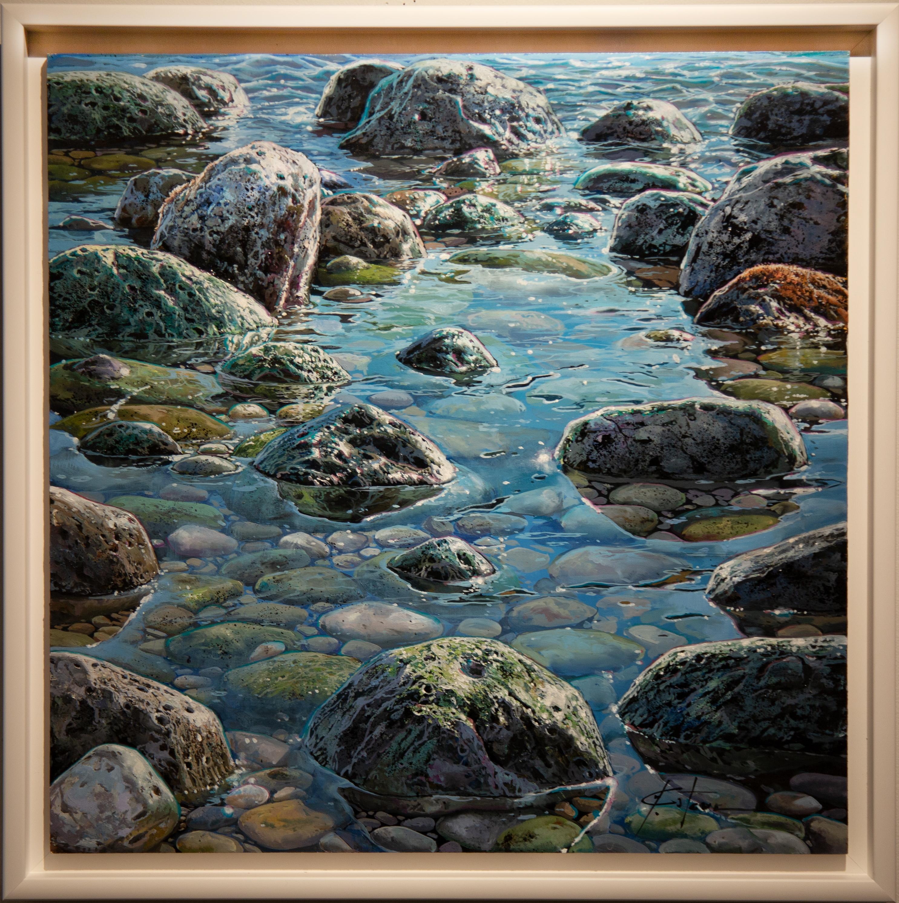 'The Waters Surface' Photorealist painting of sunlight on rocks, water and sea. 