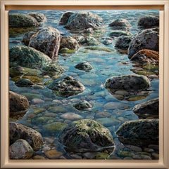 'The Waters Surface' Photorealist painting of sunlight on rocks, water and sea. 