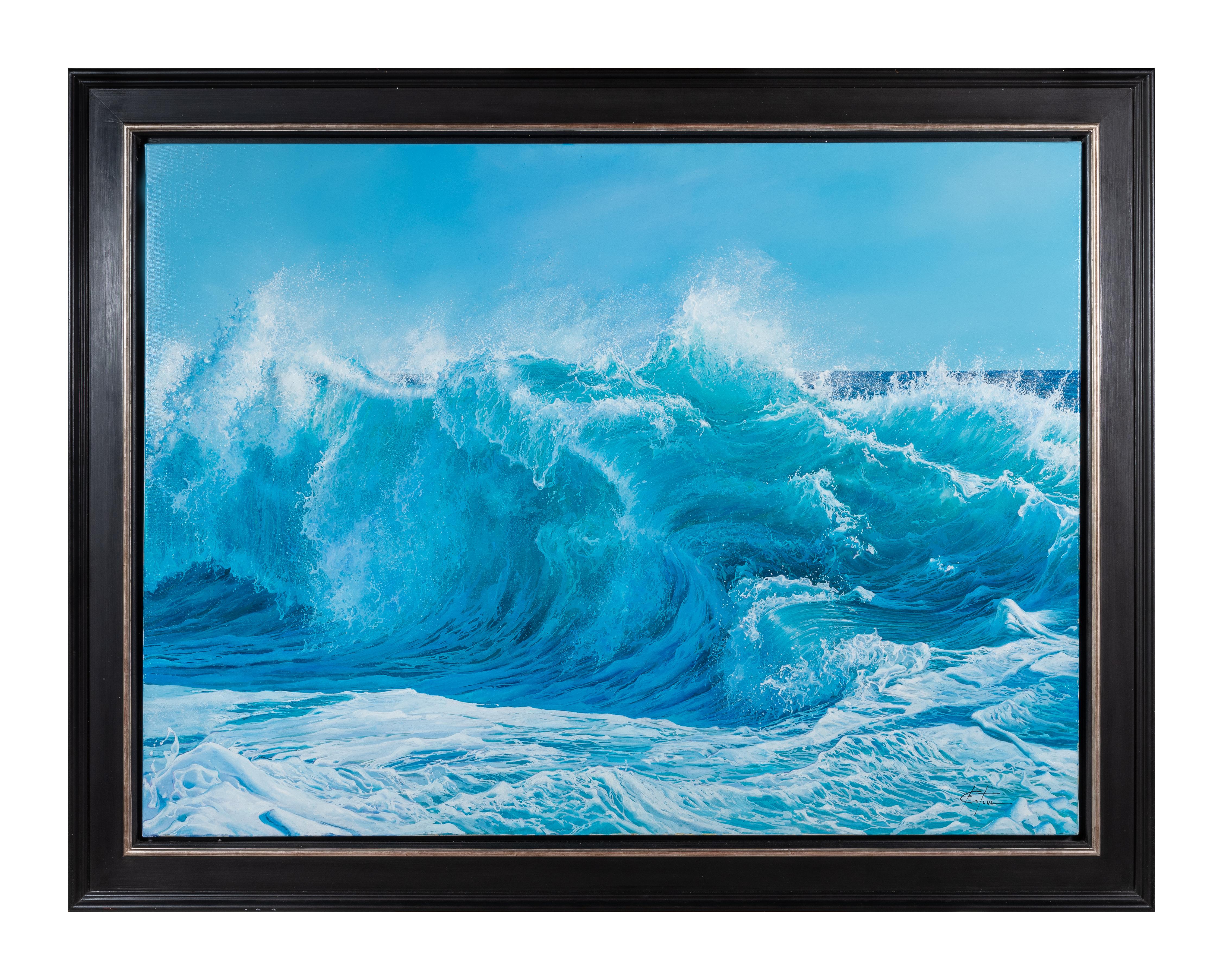'Wild Blue' Hyperrealist wave painting of a crashing wave photographic by Esteve