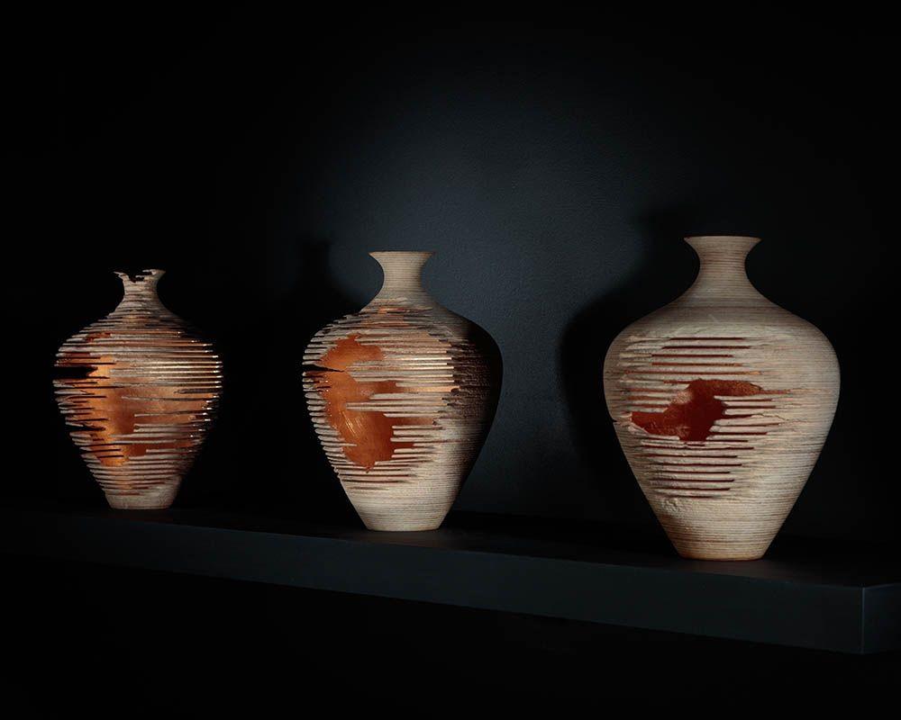 Marc Fish, Contemporaneo, Frassino, Foglia d'oro, Set di tre vasi 