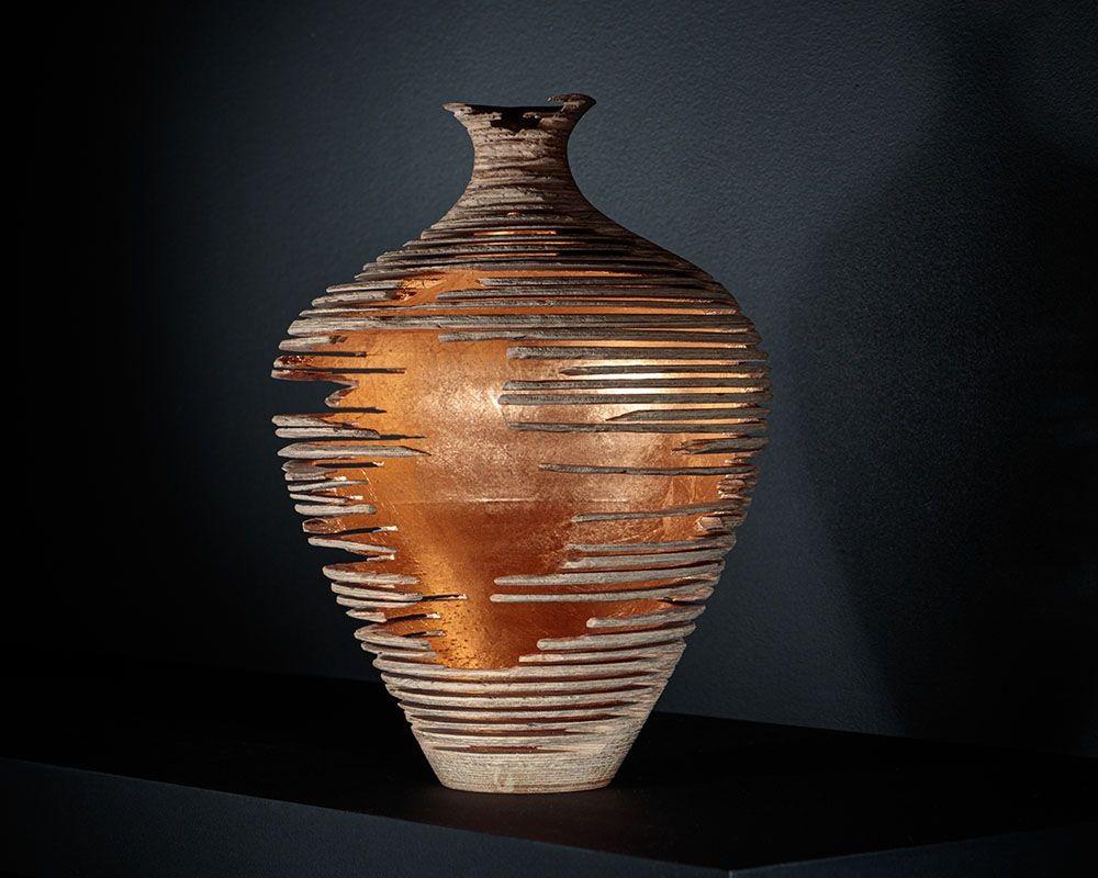 Britannico Marc Fish, Contemporaneo, Frassino, Foglia d'oro rosa, Tre vasi trittici, Regno Unito, 21° sec. in vendita