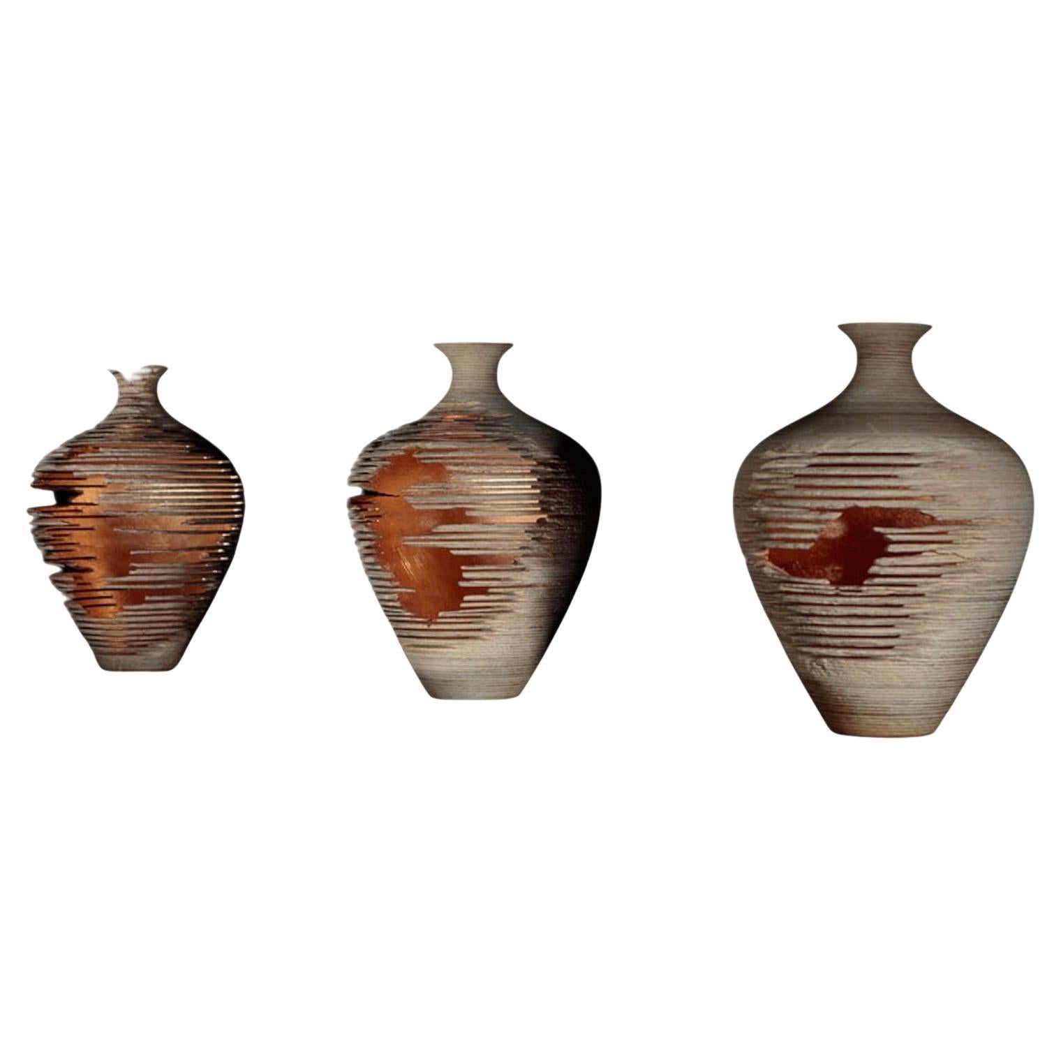 Marc Fish, Contemporaneo, Frassino, Foglia d'oro rosa, Tre vasi trittici, Regno Unito, 21° sec. in vendita