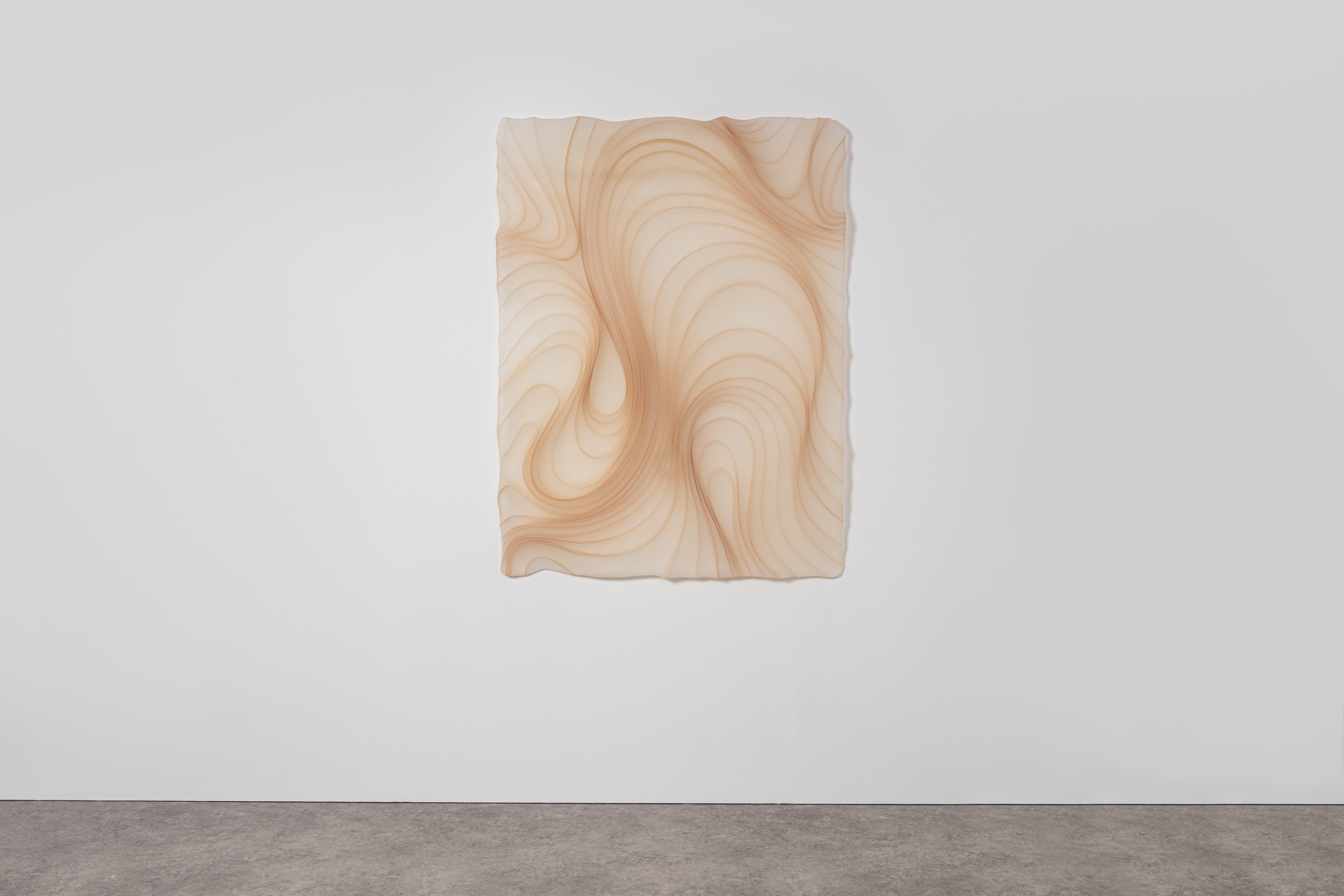 The Ethereal wall panel diptych is made from Marc Fish's usual laminated veneer technique, with the important difference that he leaves negative space between them – treating them not as layers within a solid stratigraphy, but as fins within a more