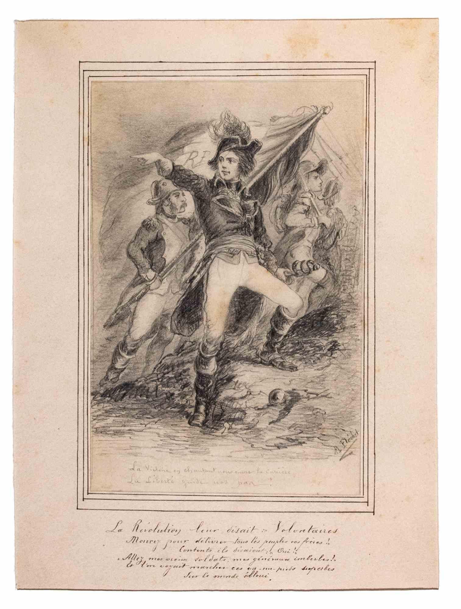 La libertè guide nos jour is an original artwork realized by French artist  Marc Flèchet  (19th-20th). He was a painter, engraver and illustrator.

Etching print, signed on plate on the lower right, titled. There is on the lower center a script by