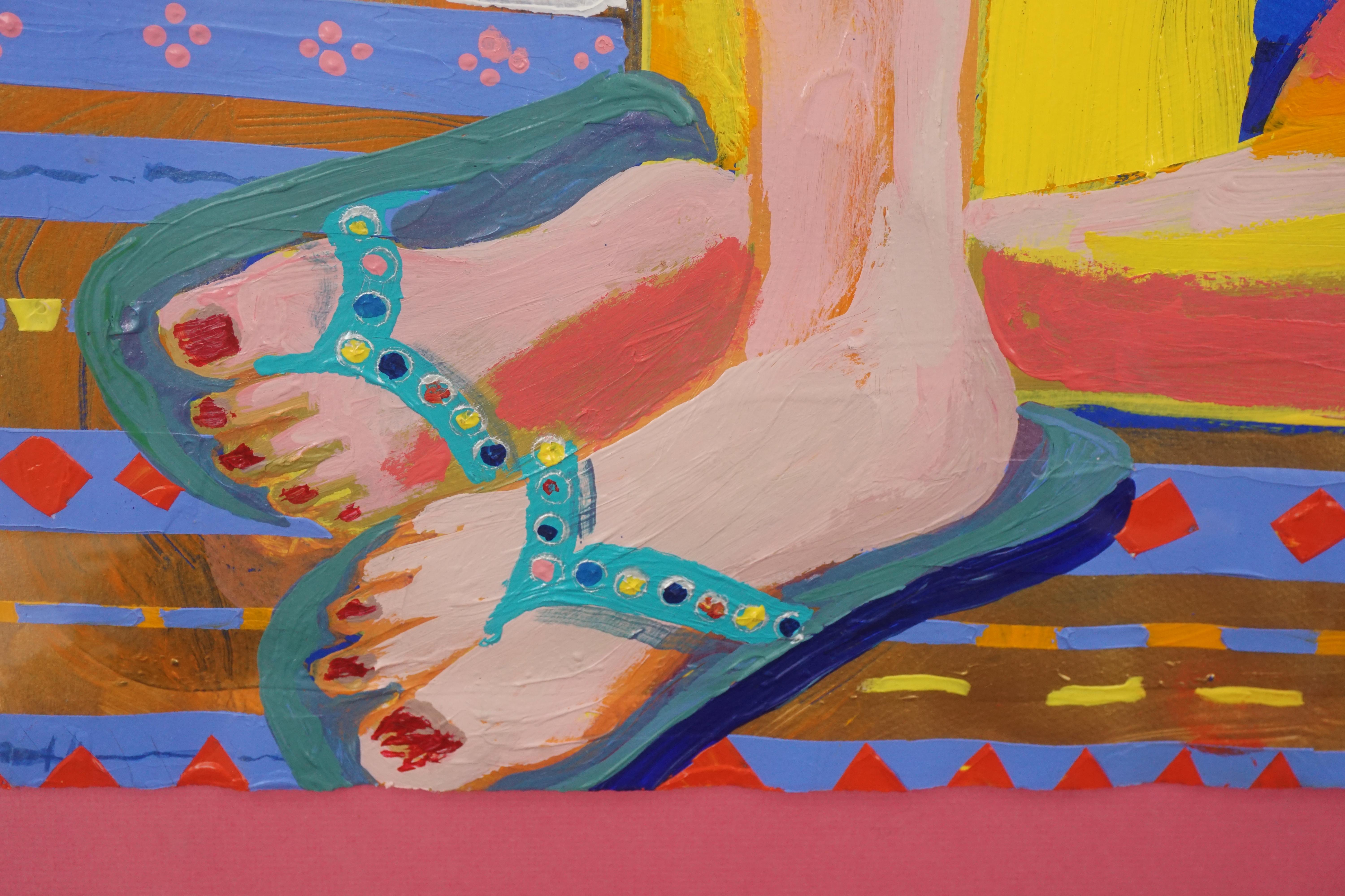 Bay Area Poolside Figurative Abstract, S.S. Claremont Hotel in Acrylic on Paper

A fun and vibrant figurative acrylic painting of a woman ready for the pool in a blue bathing suit in front of a lively blue patterned background by Marc Foster Grant