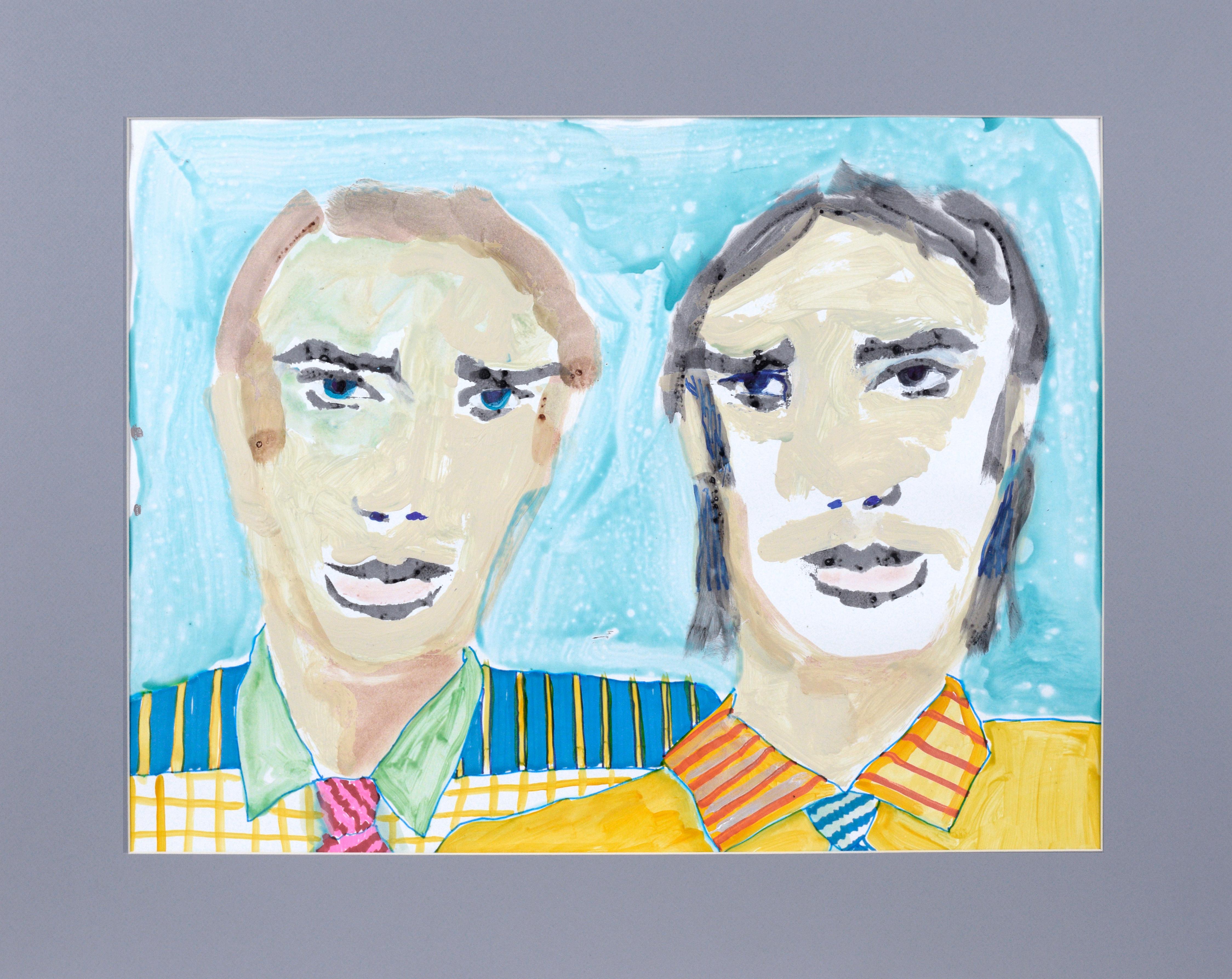 Wenn Wes Anderson Marc Foster Grant kennenlernte – Abstrakte Porträts auf Papier

Zwei-Mann-Porträt von Marc Foster Grant (Amerikaner, geb. 1947), in leuchtenden Farben und abstrakten Pinselstrichen. Zwei Männer mit bunt gestreiften und karierten
