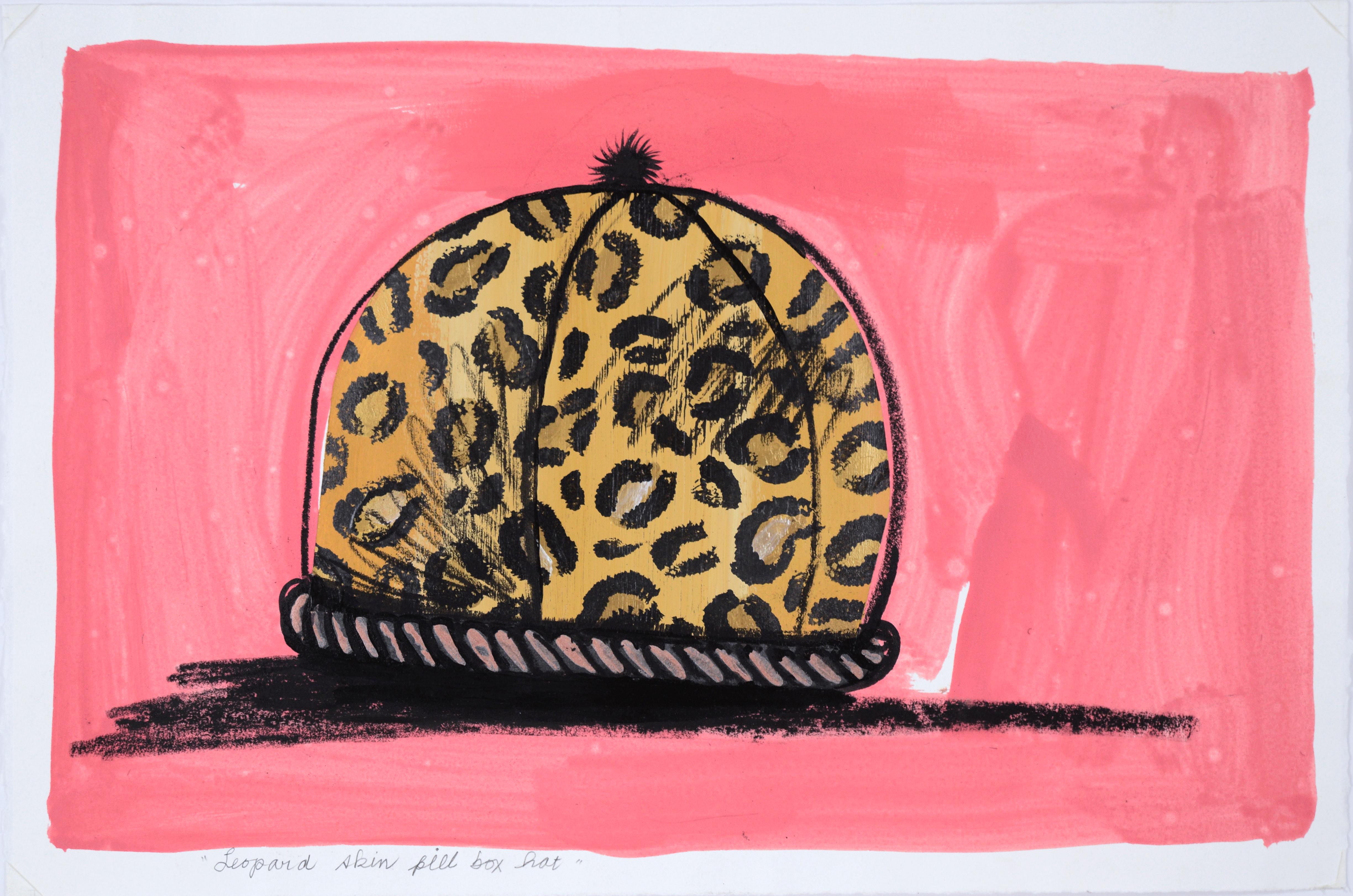 Vivid and dynamic painting of a leopard print pillbox hat by Marc Foster Grant (American, b. 1947). Playful depiction of a pillbox hat rendered in leopard print. The hat is contrasted against a bright pink background. This is a part of Foster