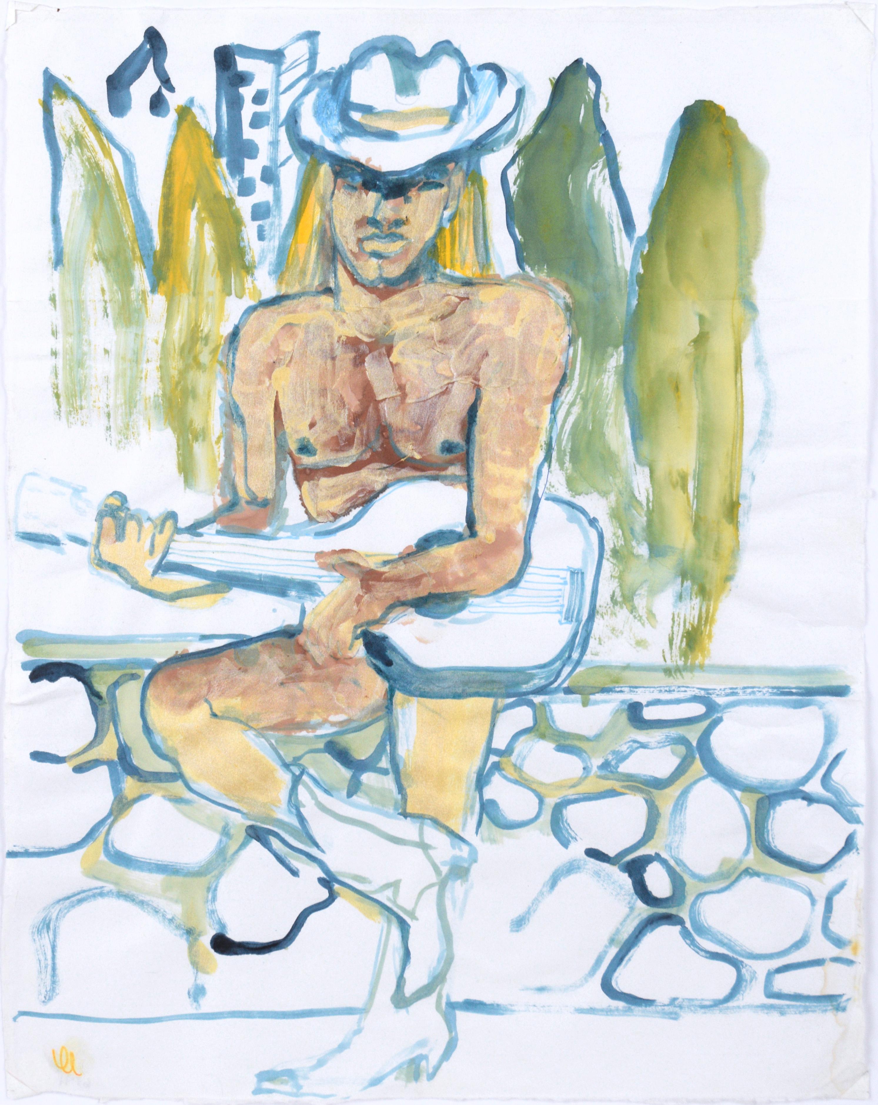 Nude Cowboy and His Guitar - Figurative Abstract on Paper - Painting by Marc Foster Grant