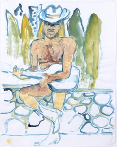 Nude Cowboy and His Guitar - Figurative Abstract on Paper