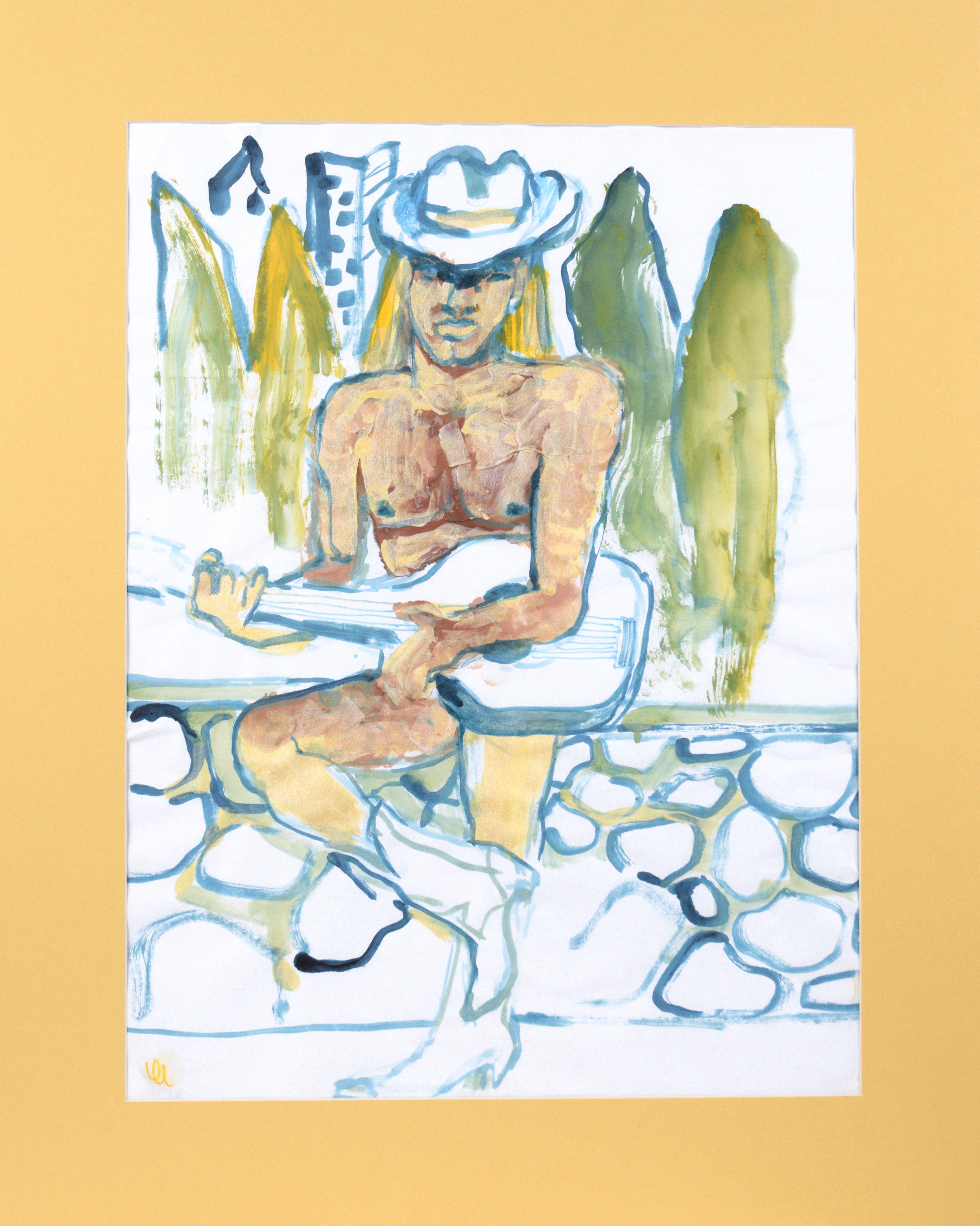 Cowboy nu et sa guitare - Figuratif abstrait sur papier