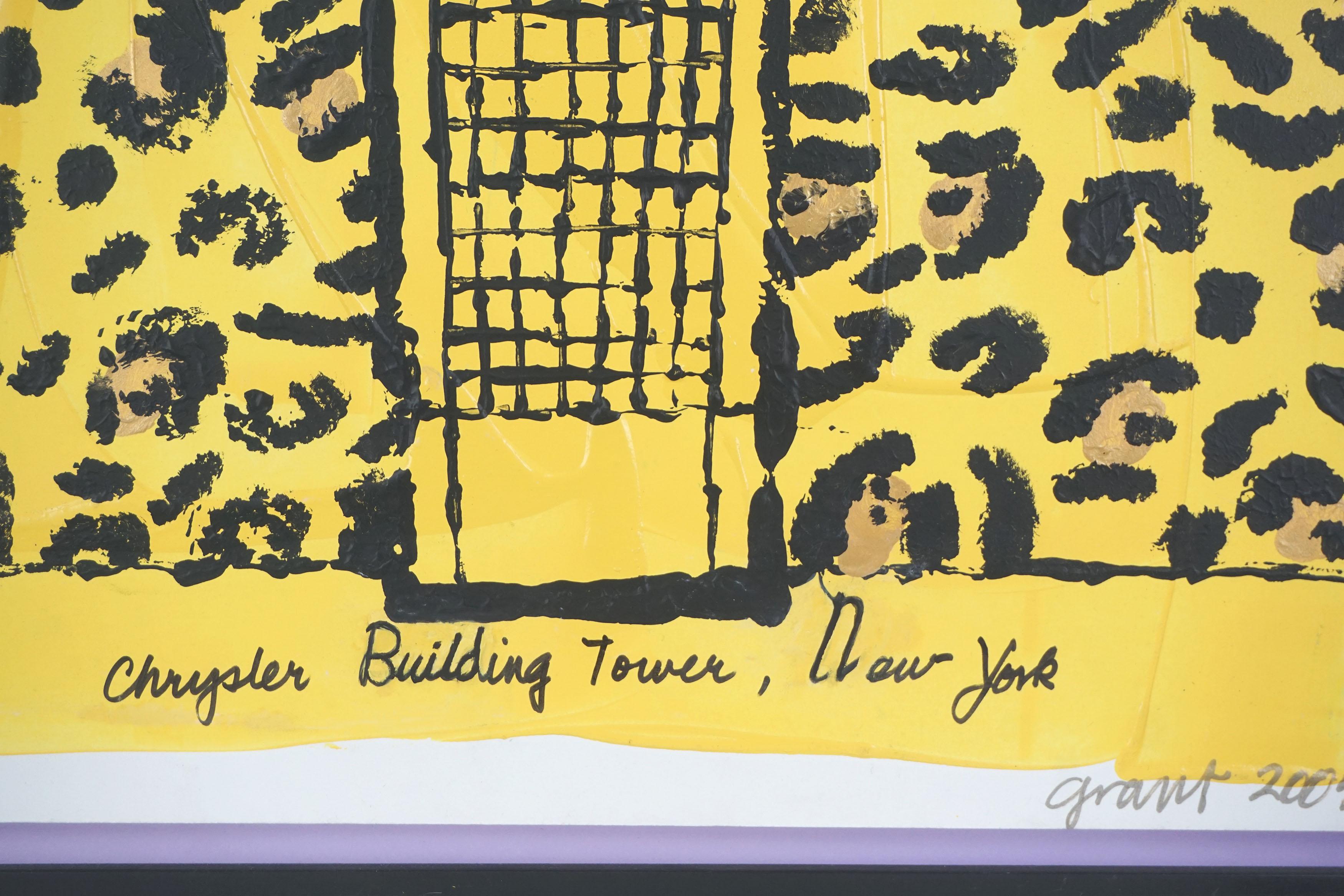 Playful pop art style depiction of the Chrysler Building Tower in New York on a yellow/metallic gold leopard print background by Marc Foster Grant (American, b. 1947). The building on handmade paper with yellow and gold metallic paint, so the color