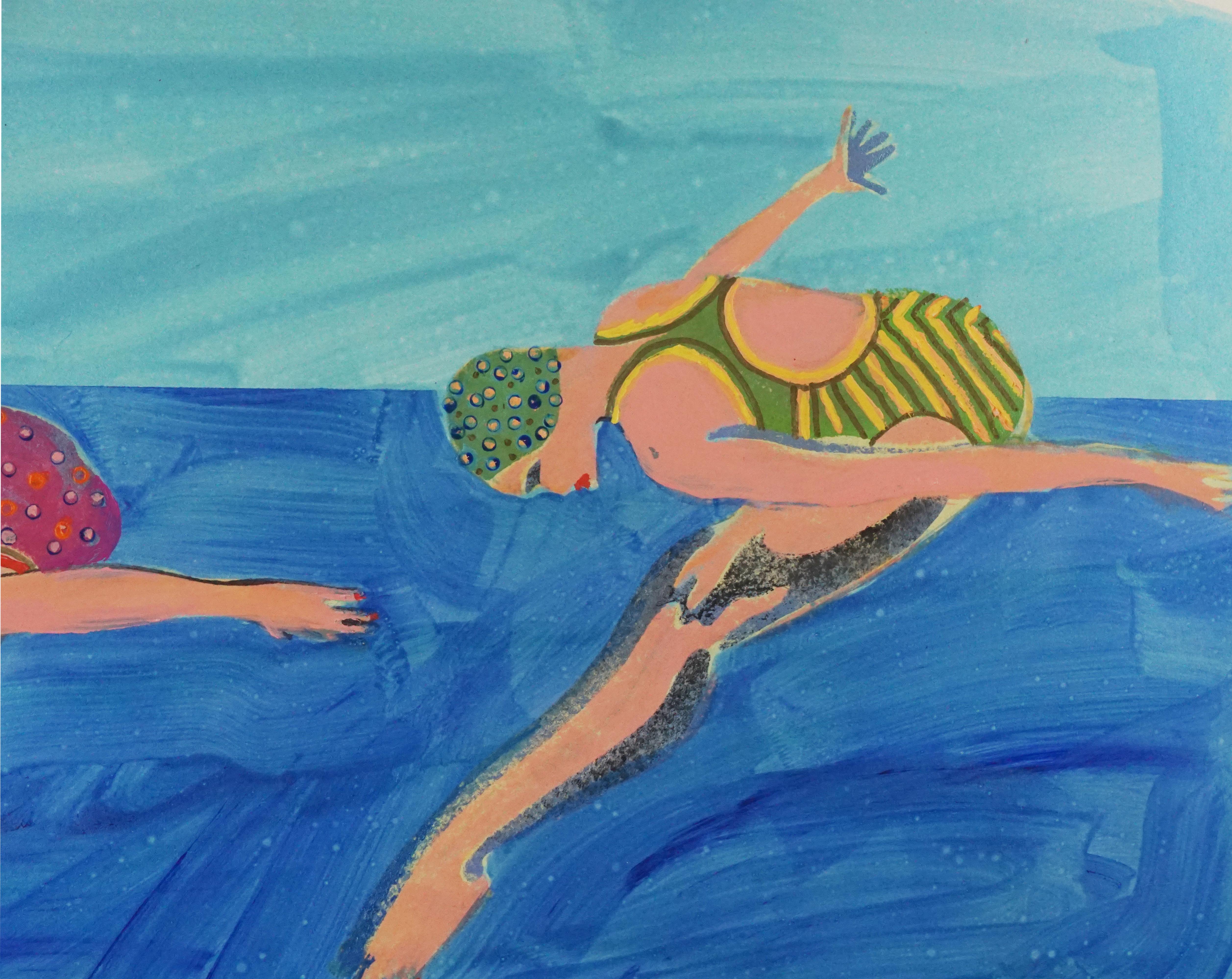 Lebendiges, zeitgenössisches Acrylgemälde auf Papier im Pop-Art-Stil von Marc Foster Grant (Amerikaner, geb. 1947) aus dem Jahr 2007, das zwei Synchronschwimmerinnen zeigt, die gemeinsam vor einem hellblauen Hintergrund posieren. Die Figuren tragen