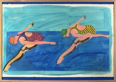 Retro Synchronized Swimmers, Pop Art Figurative Abstract on Blue