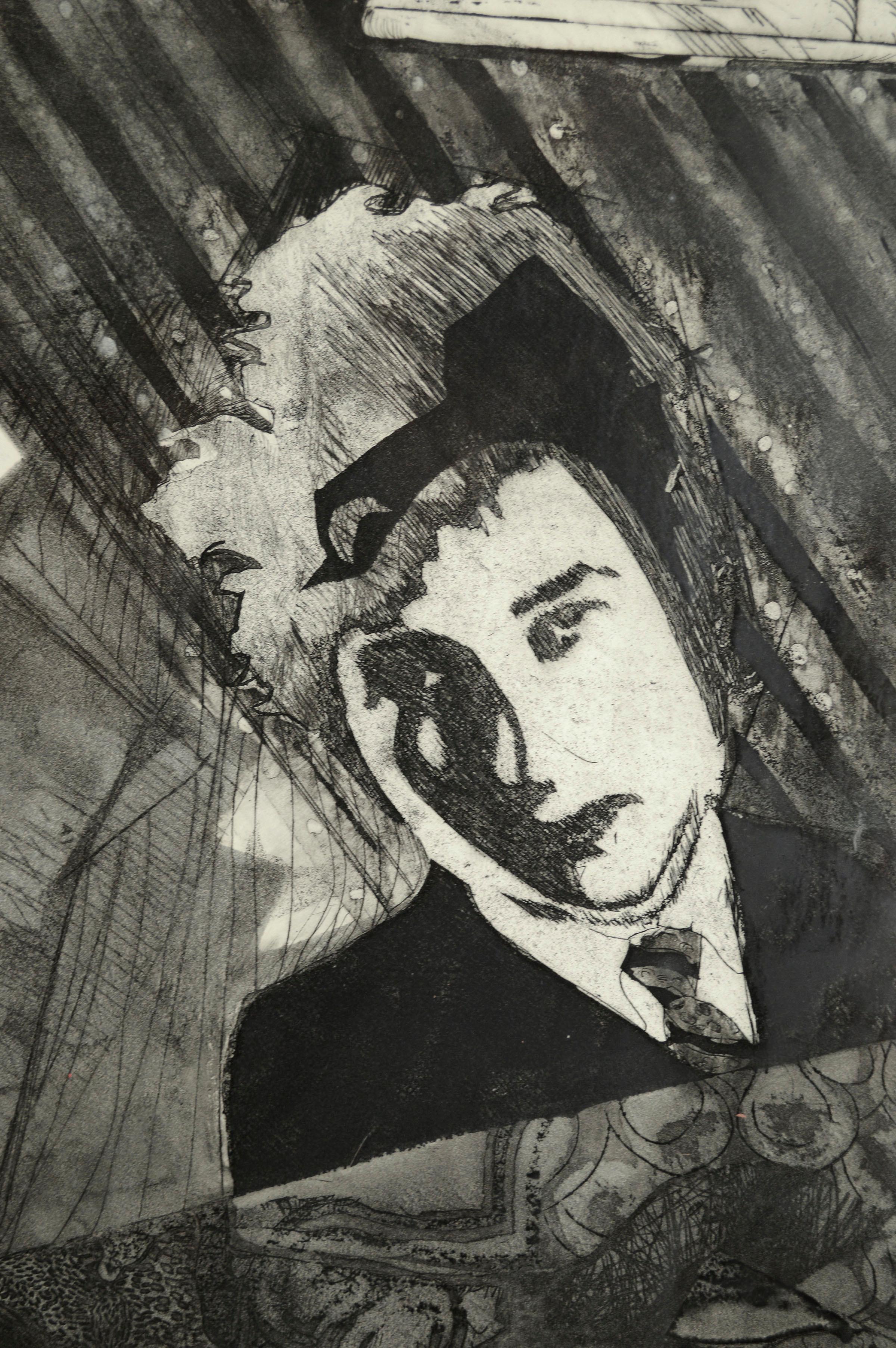 Portrait pop art d'un jeune Bob Dylan, une gravure de 1967 de Marc Foster Grant (américain, 20e siècle). Signé et daté 