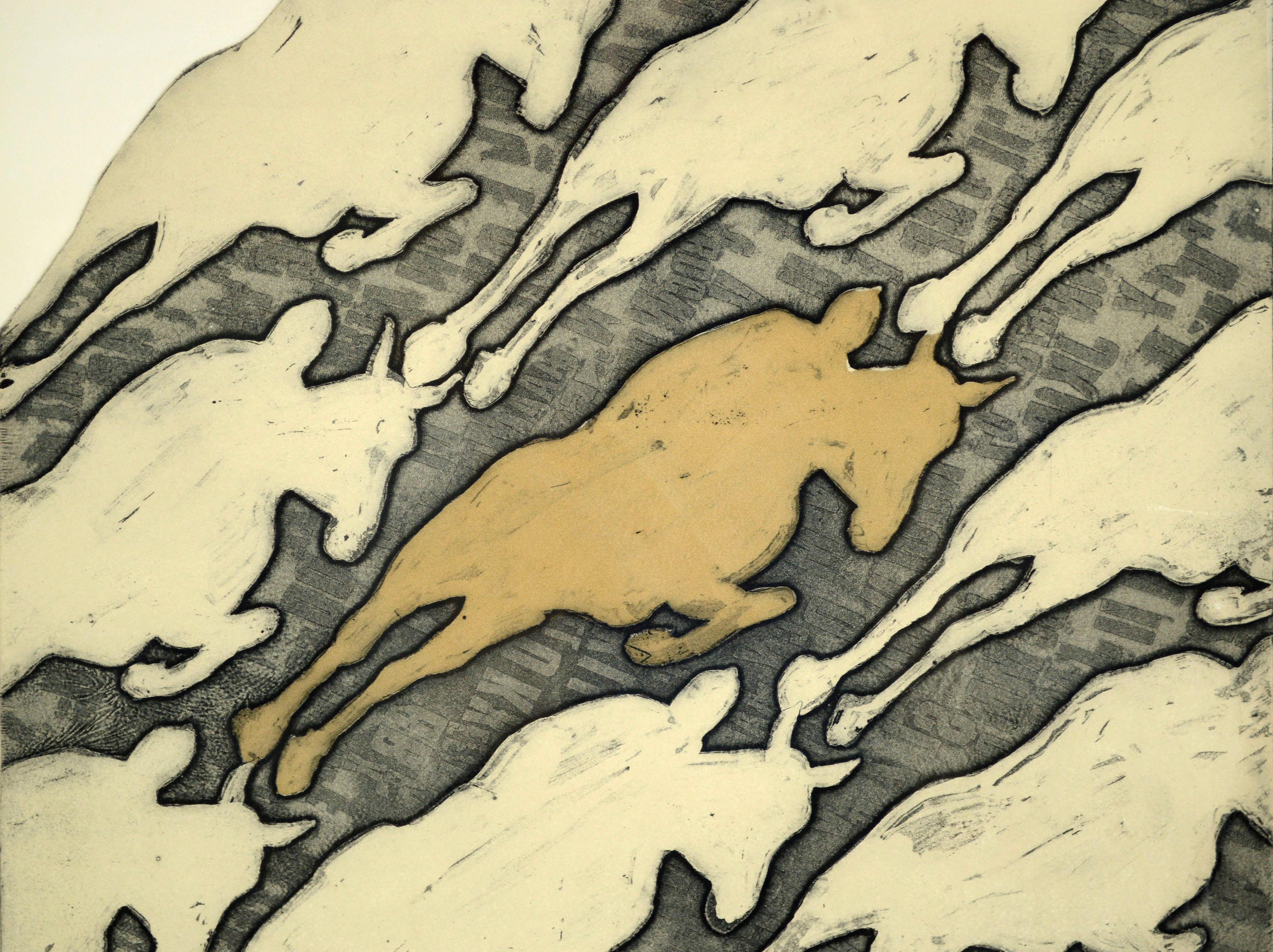 Eine moderne Pop-Art-Radierung von Pferden aus den späten 1960er Jahren von Marc Foster Grant (Amerikaner, geb. 1947). Das Motiv des galoppierenden Pferdes wiederholt sich im Stil Warhols mit neutralen Erdtönen in Hellbraun, Creme und Off-White, die