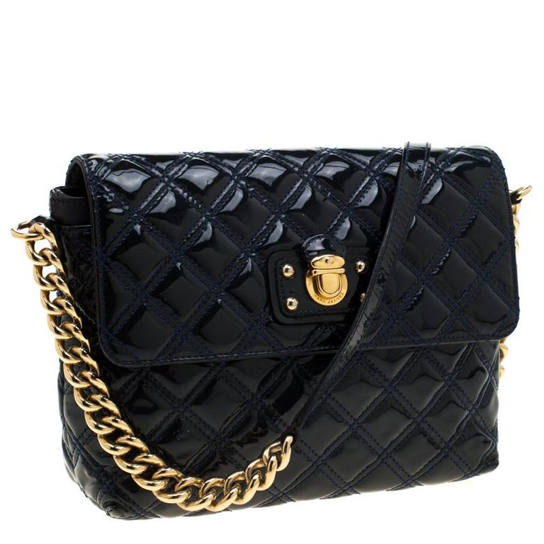 Marc Jacob Navy Blue Patent Leather Quilted Flap Bag For Sale at 1stDibs