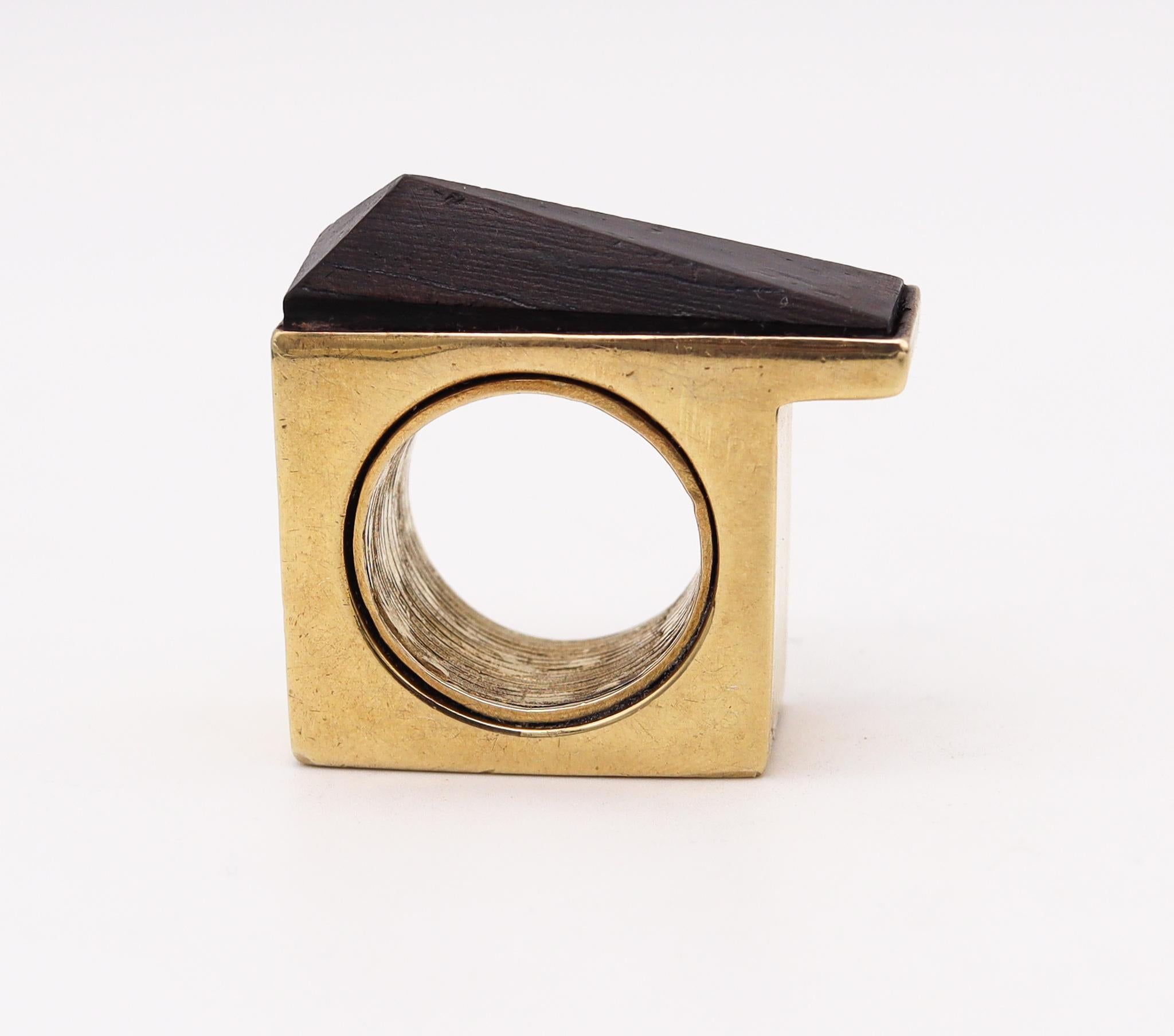 Marc Jacobs 1992 Runway Geometric Ring In Gilded Sterling With Carved Ebony Wood In Excellent Condition In Miami, FL
