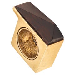 Marc Jacobs 1992 Anillo Geométrico Runway De Plata De Ley Dorada Con Madera De Ébano Tallada