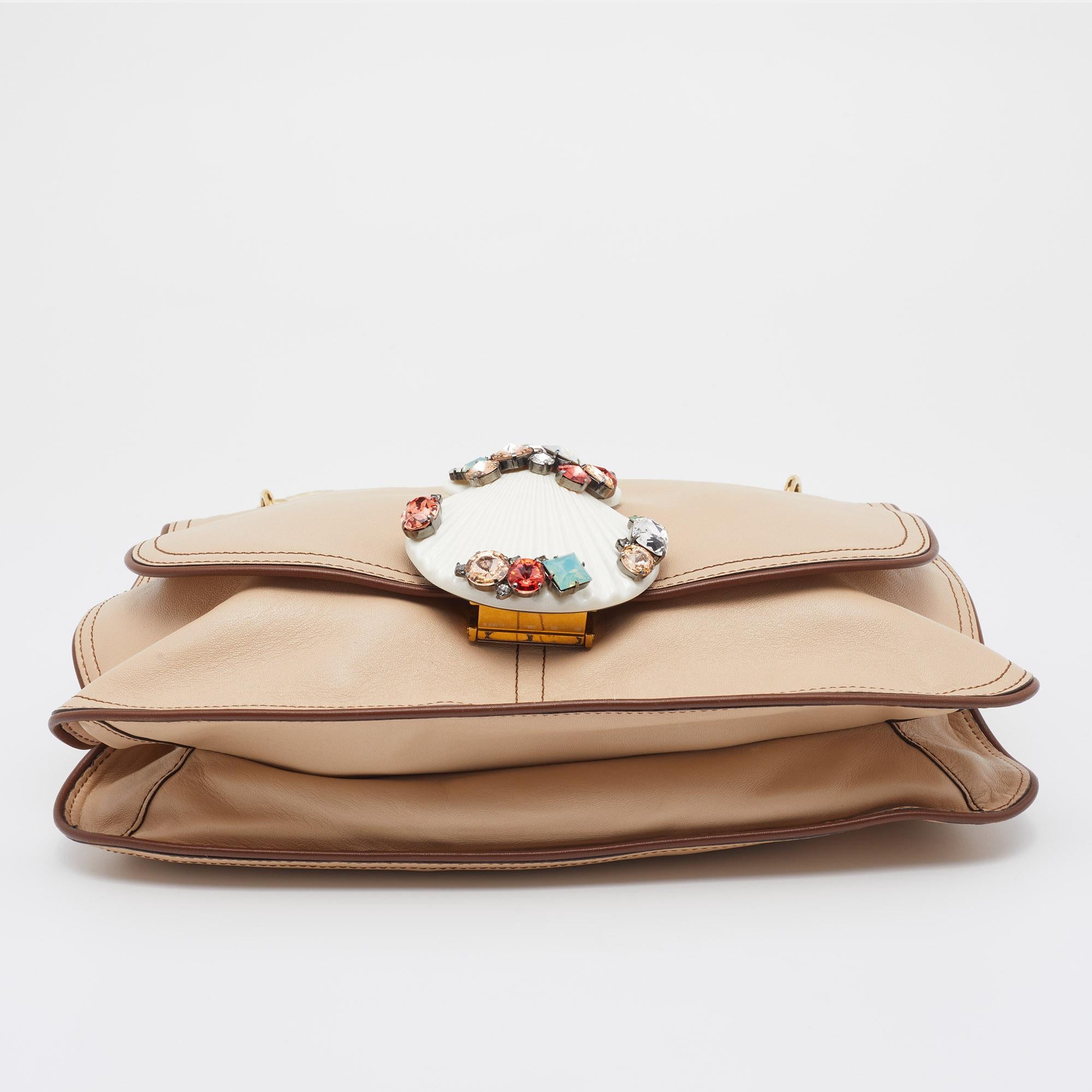 Marc Jacobs Beige Leather Crystal Embellished Flap Top Handle Bag In Good Condition In Dubai, Al Qouz 2