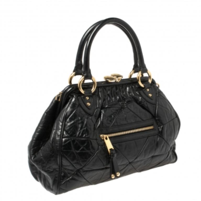 Women's Marc Jacobs Black Crinkled Leather Stam Satchel For Sale