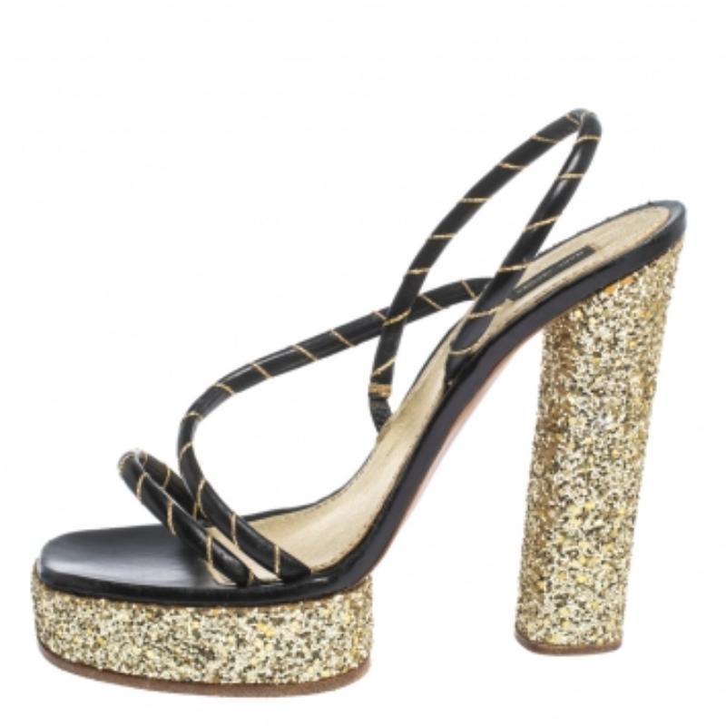 Marc Jacobs Black/Gold Leather Glitter Fabric Slingback Platform Sandals Size 40 (Sandales à semelles compensées en cuir et paillettes) en vente 2
