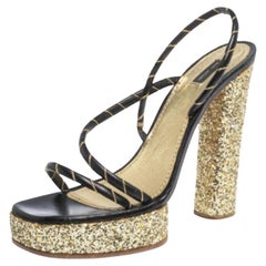 Marc Jacobs Black/Gold Leather Glitter Fabric Slingback Platform Sandals Size 40