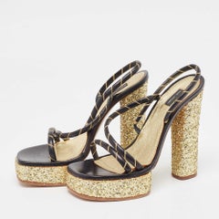 Marc Jacobs Black/Gold Leather Glitter Platform Slingback Sandals Size 36