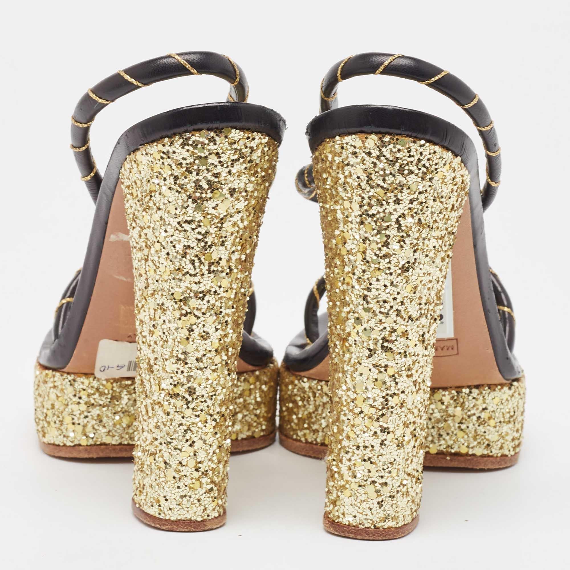 Marc Jacobs Schwarz/Gold Leder Glitter Plateau Slingback Sandalen Größe 36 Damen im Angebot