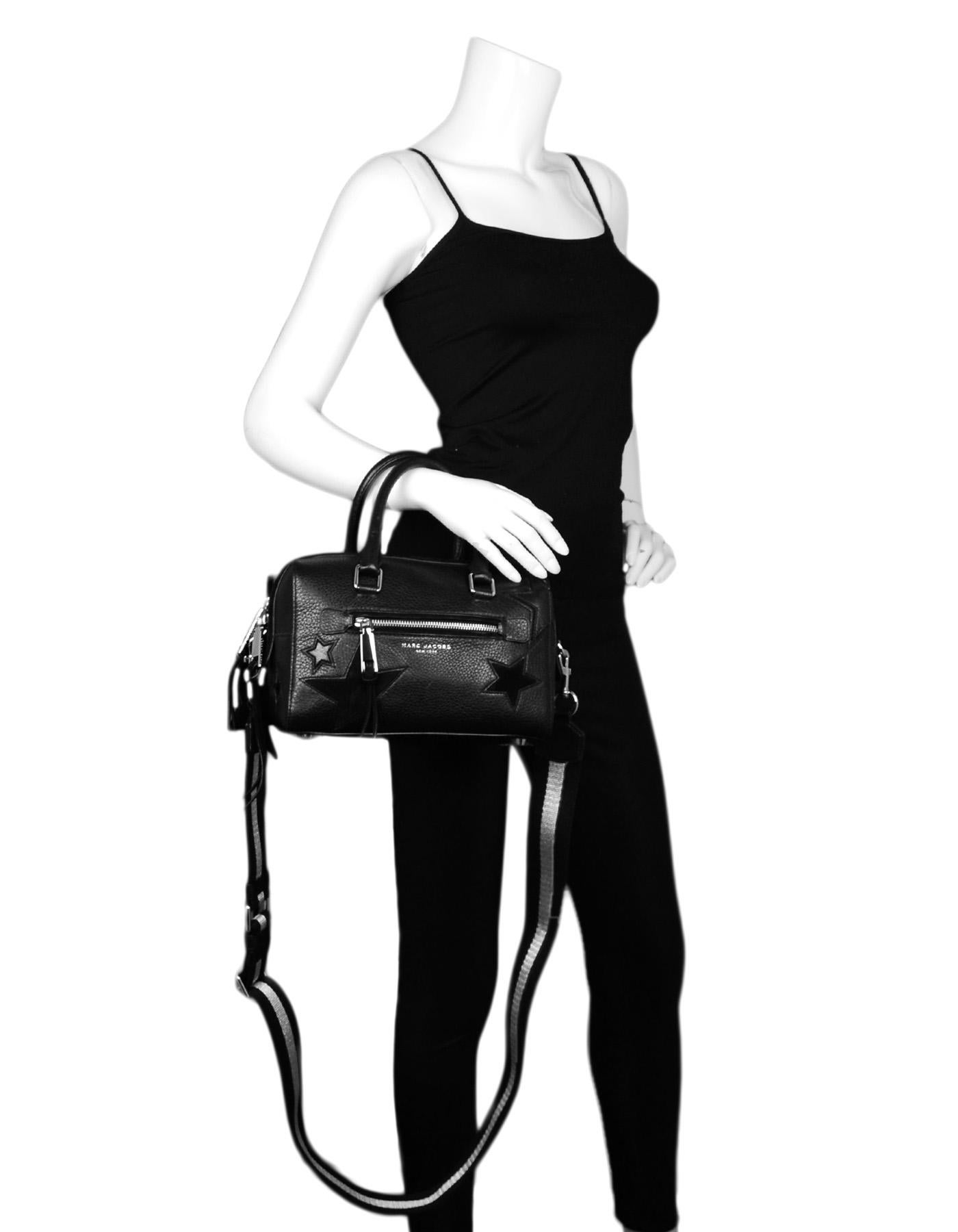 Marc Jacobs Black Leather Star Embroidered Boston Bag NWT. Features crossbody strap

Made In: Vietnam
Color: Black 
Hardware: Silvertone hardware
Materials: Leather
Lining: Black textile lining
Closure/Opening: Zip top
Exterior Pockets: Two slit