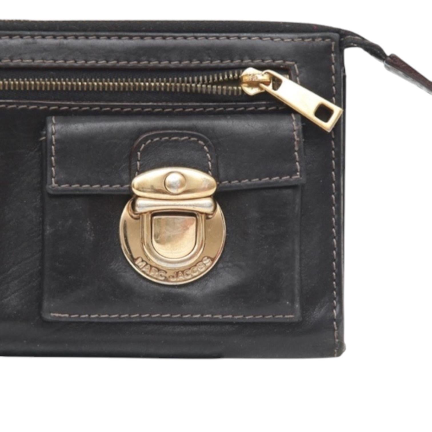 Women's MARC JACOBS Black Leather Wallet Zipper GoldHW Bills Cards Pouch Clutch For Sale