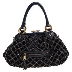 Marc Jacobs Black Quilted Satin and Leather Stam Crystal Embellished Satchel