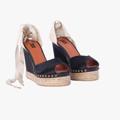 Marc Jacobs Black Studded Espadrille Wedges with Ankle Ribbon Ties - '10s