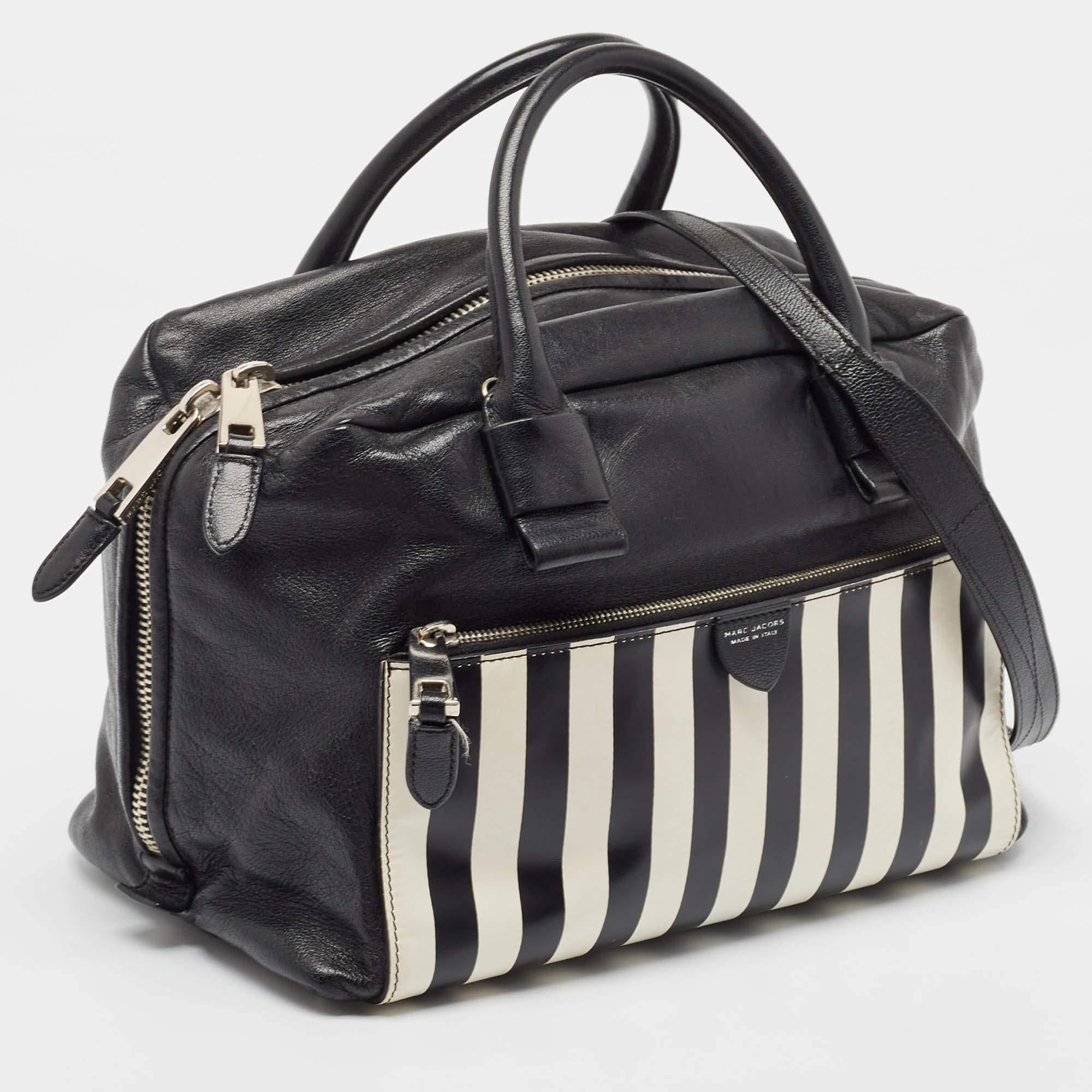 Marc Jacobs Black/White Leather Small Striped Prince Antonia Satchel In Good Condition In Dubai, Al Qouz 2