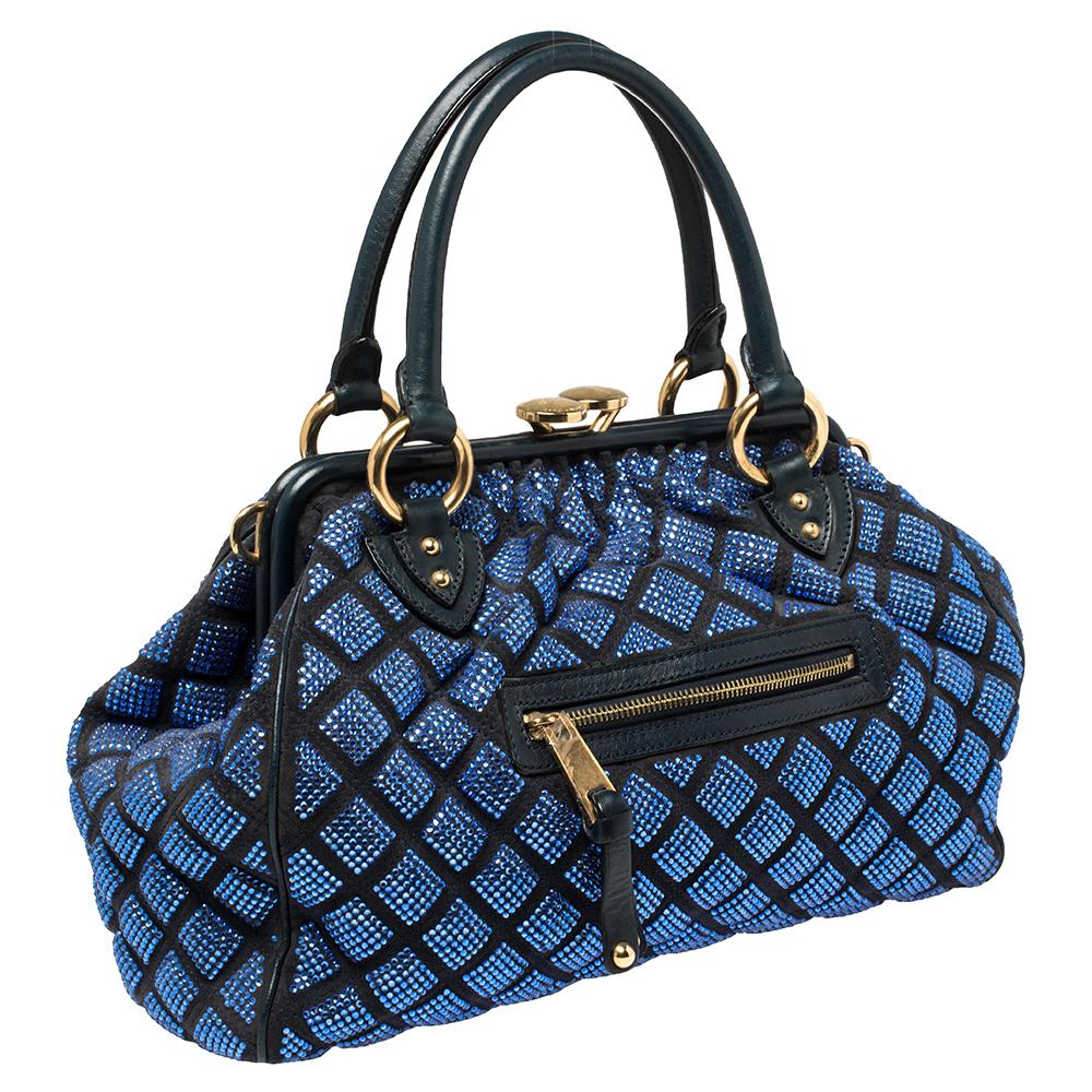 Marc Jacobs Blue Crystal Embellished Quilted Suede and Leather Stam Satchel In Good Condition In Dubai, Al Qouz 2