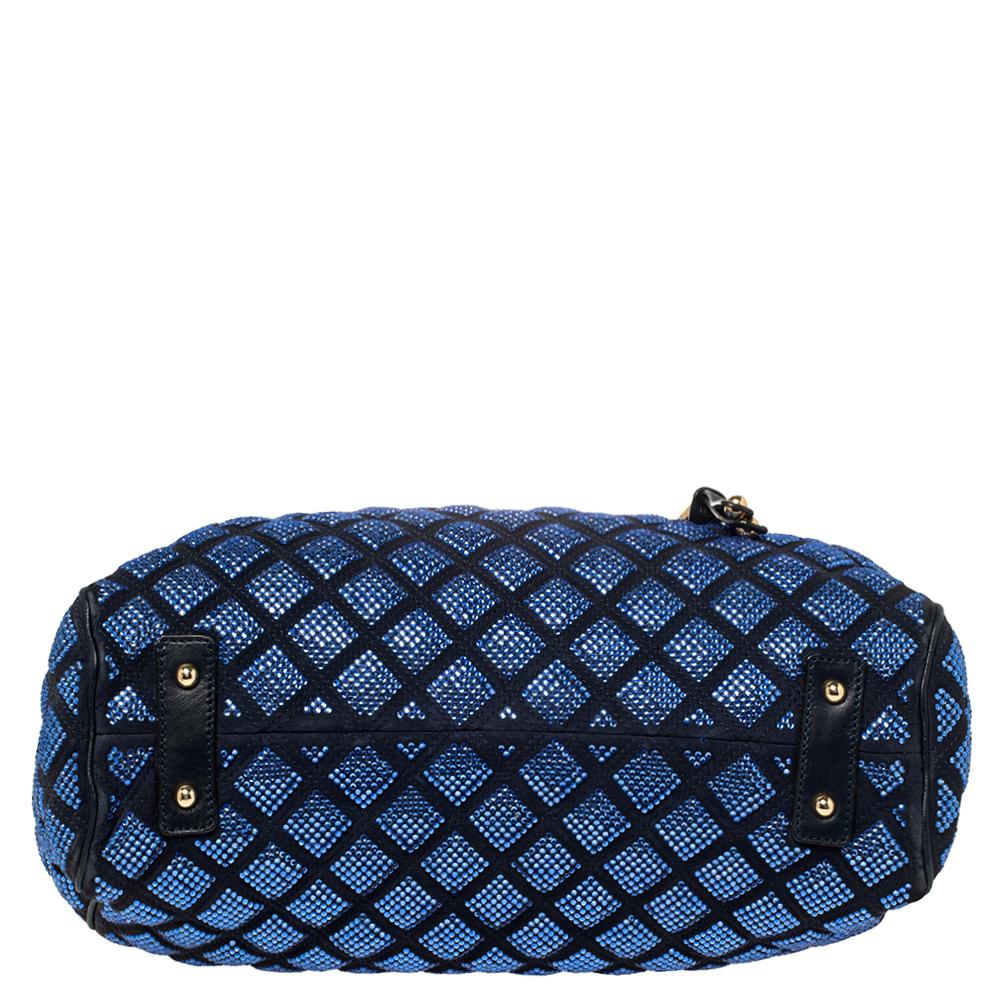 Women's Marc Jacobs Blue Crystal Embellished Quilted Suede and Leather Stam Satchel