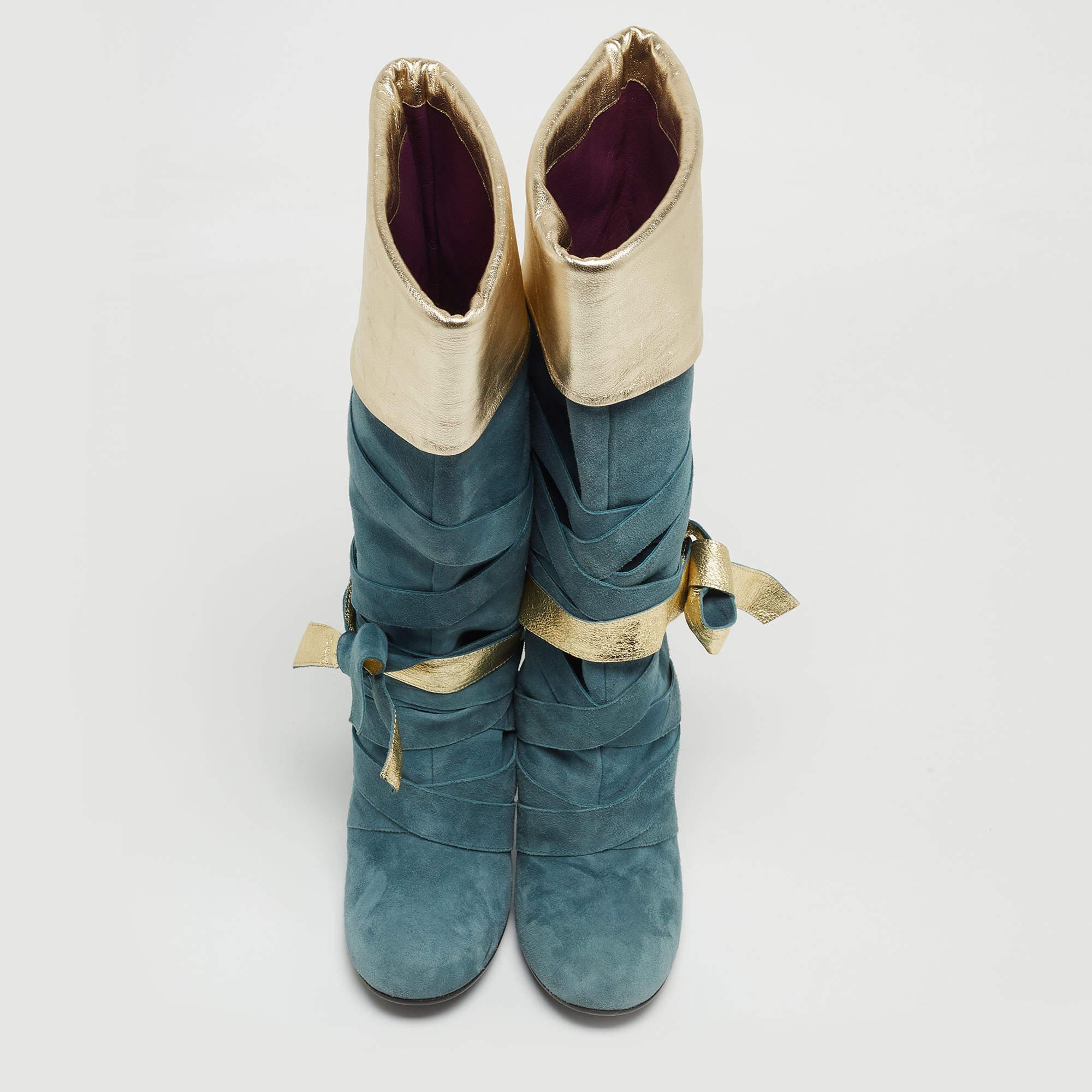 Marc Jacobs Blue/Gold Suede and Leather Mild Calf Boots Size 37.5 In Good Condition For Sale In Dubai, Al Qouz 2