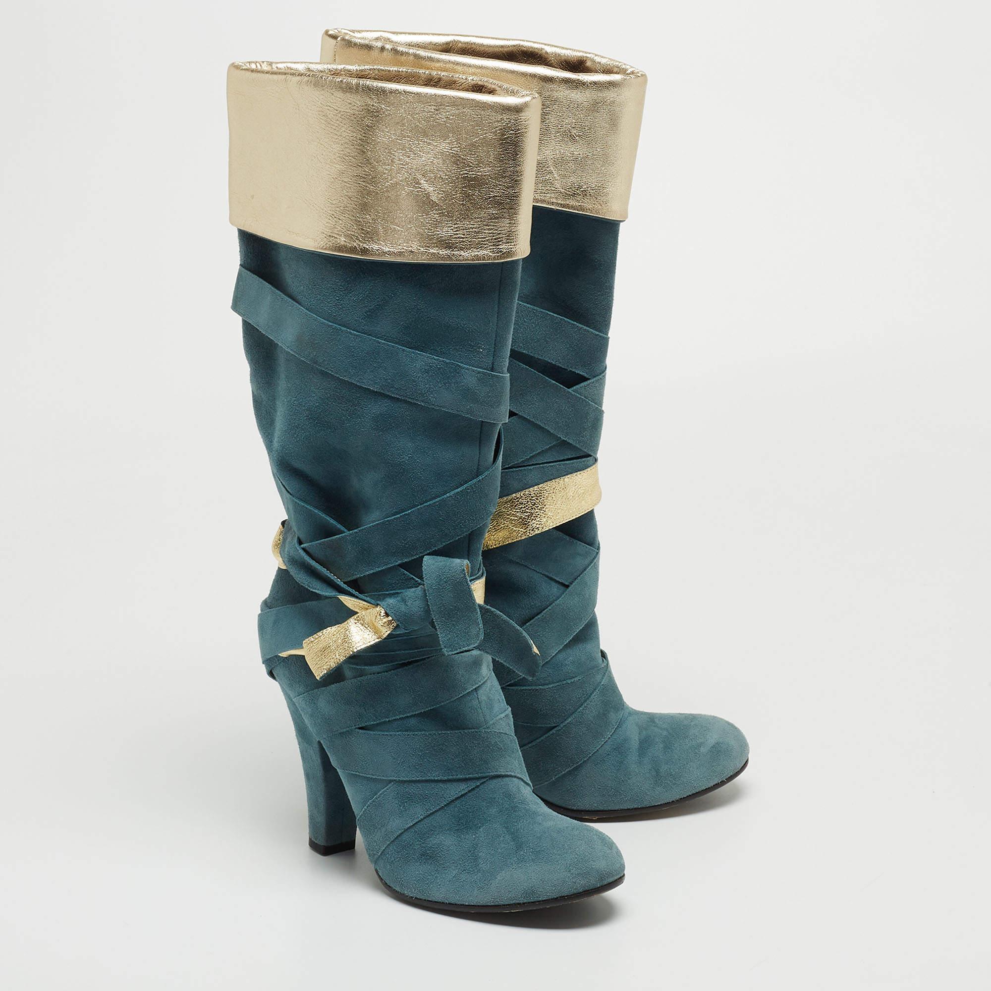 Women's Marc Jacobs Blue/Gold Suede and Leather Mild Calf Boots Size 37.5 For Sale