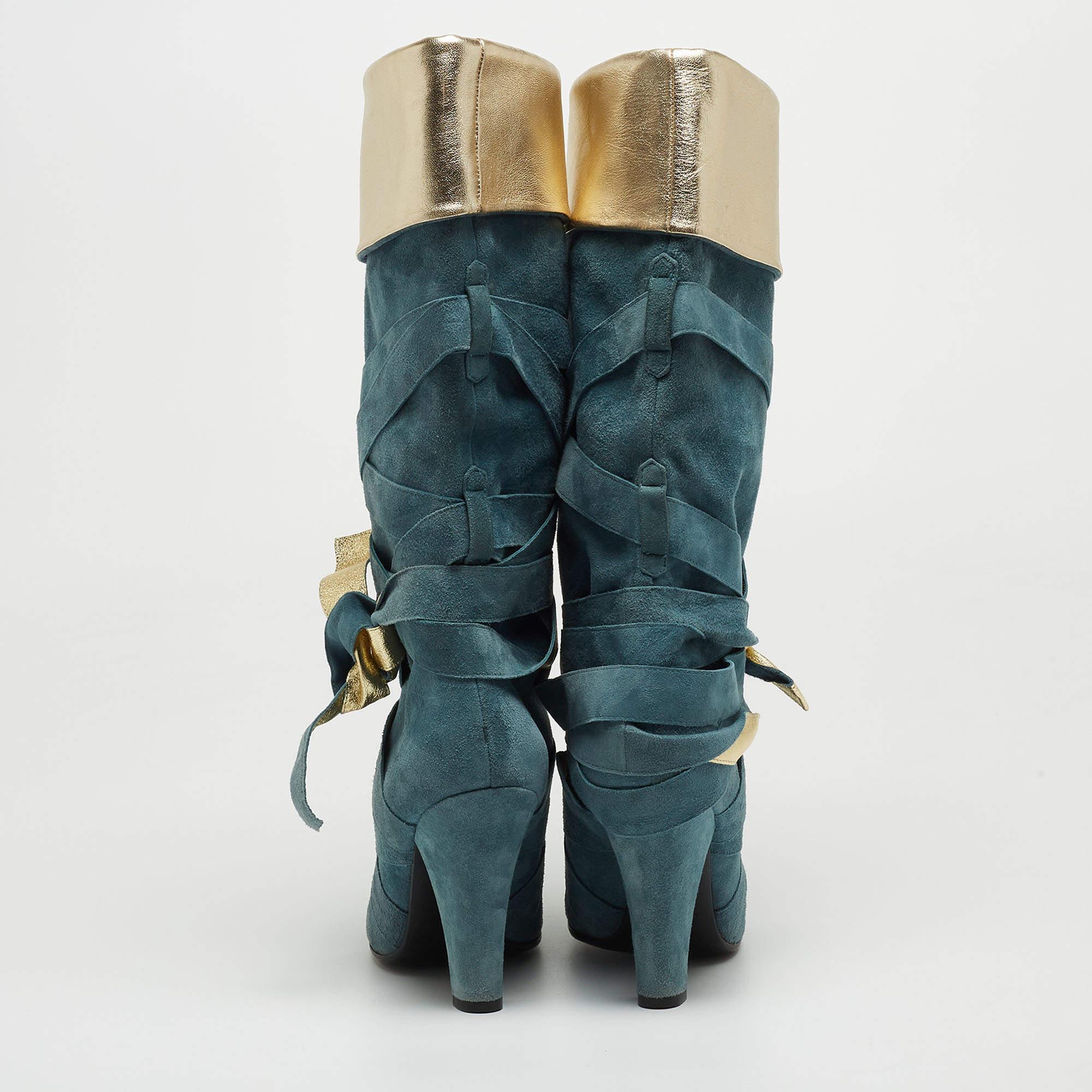 Marc Jacobs Blue/Gold Suede and Leather Mild Calf Boots Size 37.5 For Sale 1