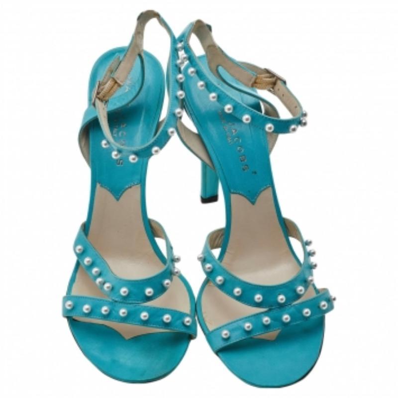 Marc Jacobs Blue Leather Embellished Ankle Strap  Sandals Size 38 In Good Condition For Sale In Dubai, Al Qouz 2