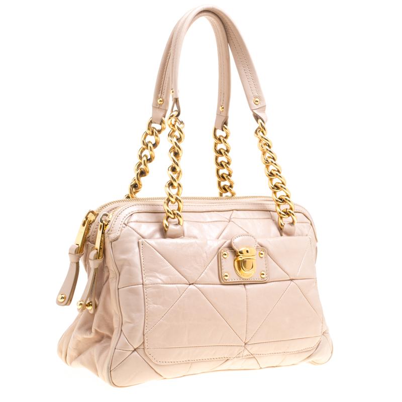 Beige Marc Jacobs Blush Pink Quilted Glazed Leather Chain Satchel For Sale